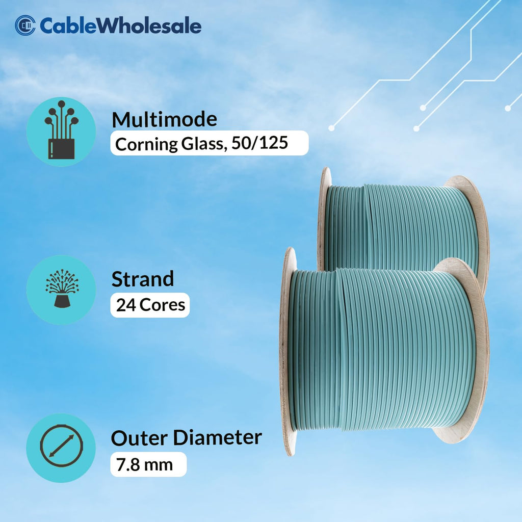 CableWholesale 1000ft Aqua 24-Strand Fiber Optic Cable OM4 Indoor Distribution Multimode 50/125, Corning ClearCurve, 10 Gbit/s, Riser Rated, Flame Retardant PVC Jacket