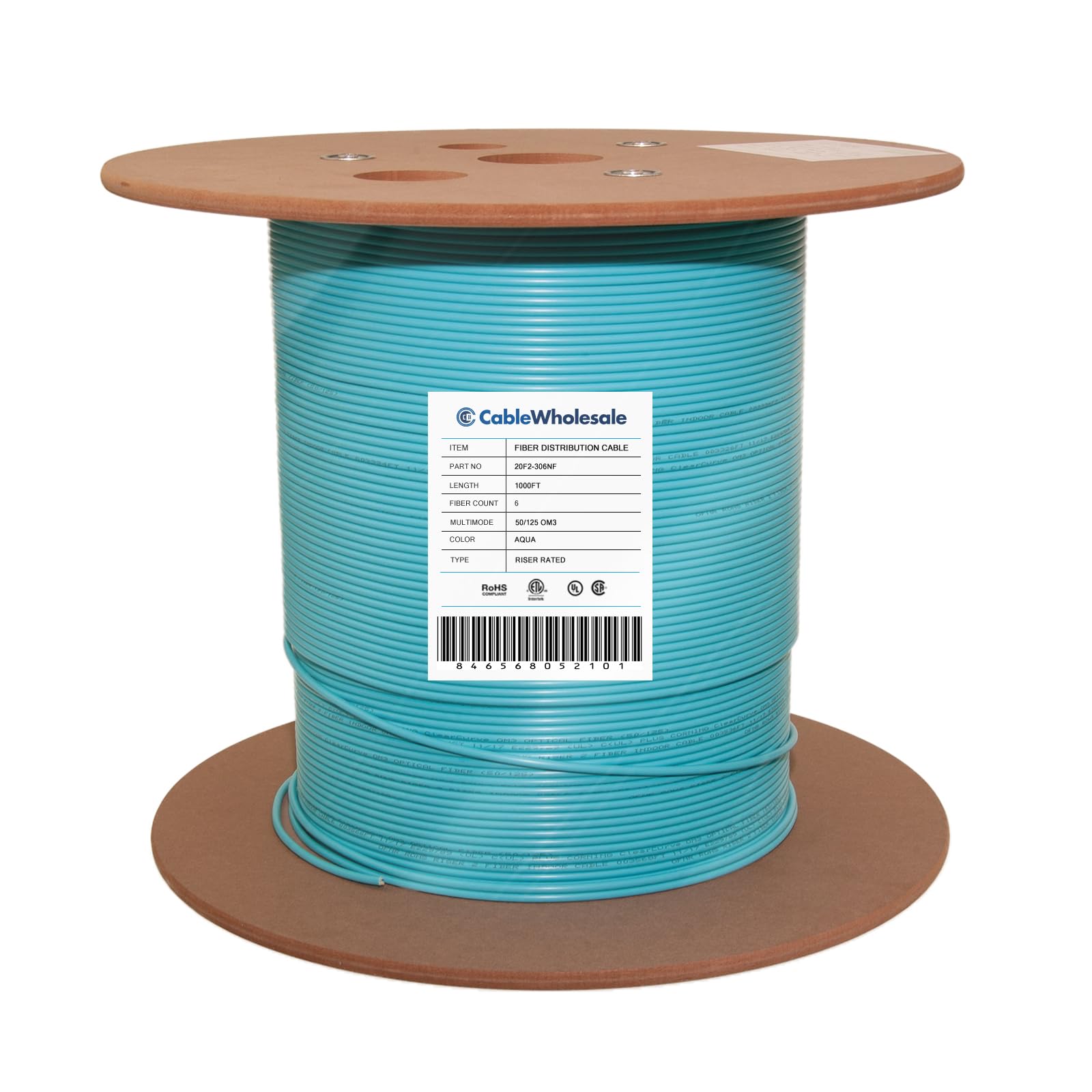 CableWholesale 6 Strand Fiber Optic Cable, Multimode, Aqua, 500ft Spool