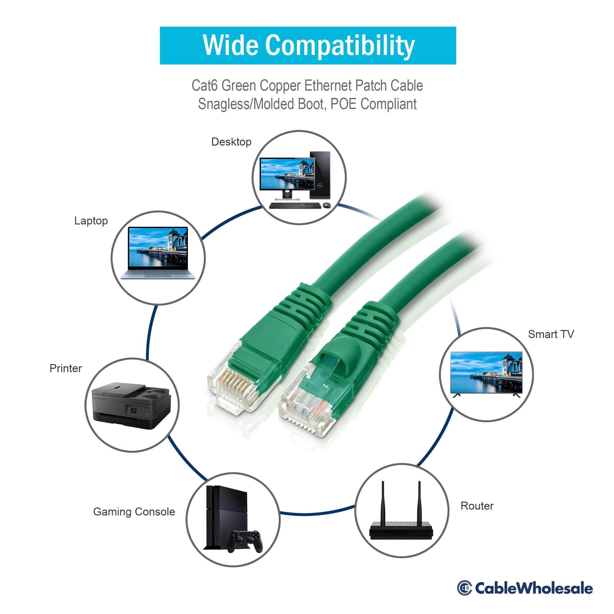 CableWholesale Cat6 Ethernet Cable, 24AWG, RJ45 Gold Plate Connector, 4 Pair Stranded Copper, Snagless Boot Unshielded Twisted Pair (UTP) Internet Network Patch Cable, 200 Foot, Green