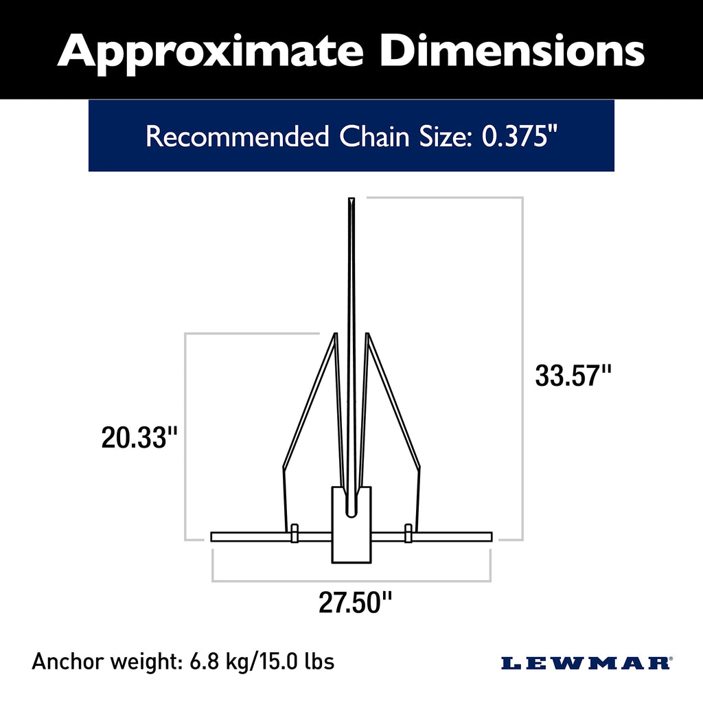 Lewmar LFX Aluminum Fluke Anchor 15 lbs., for Boats 39'-48', Anodized Finish, Adjustable Angles, Measures 33-4/7" L x 27-1/2" W, 20-1/3" fluke Length - 2020202255