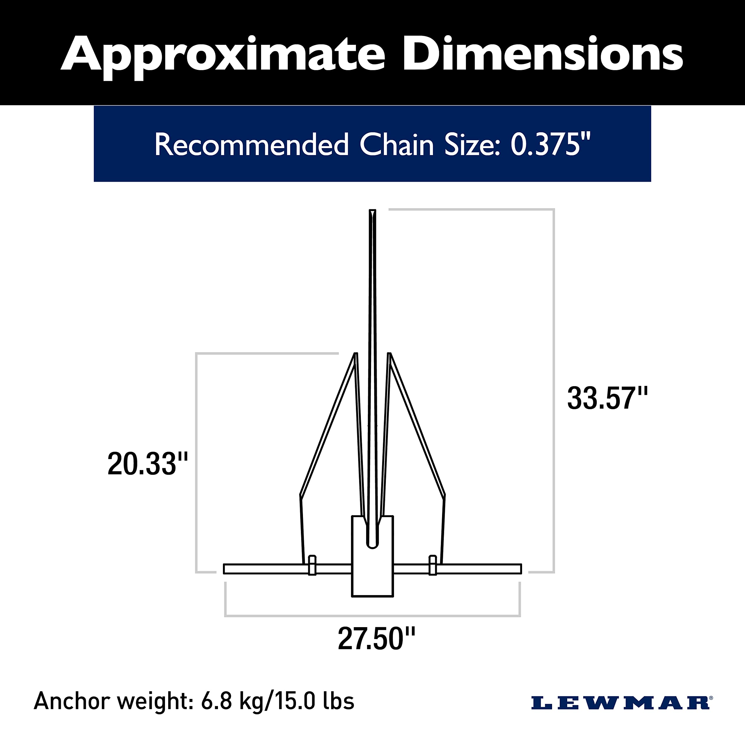 Lewmar LFX Aluminum Fluke Anchor 15 lbs., for Boats 39'-48', Anodized Finish, Adjustable Angles, Measures 33-4/7" L x 27-1/2" W, 20-1/3" fluke Length - 2020202255
