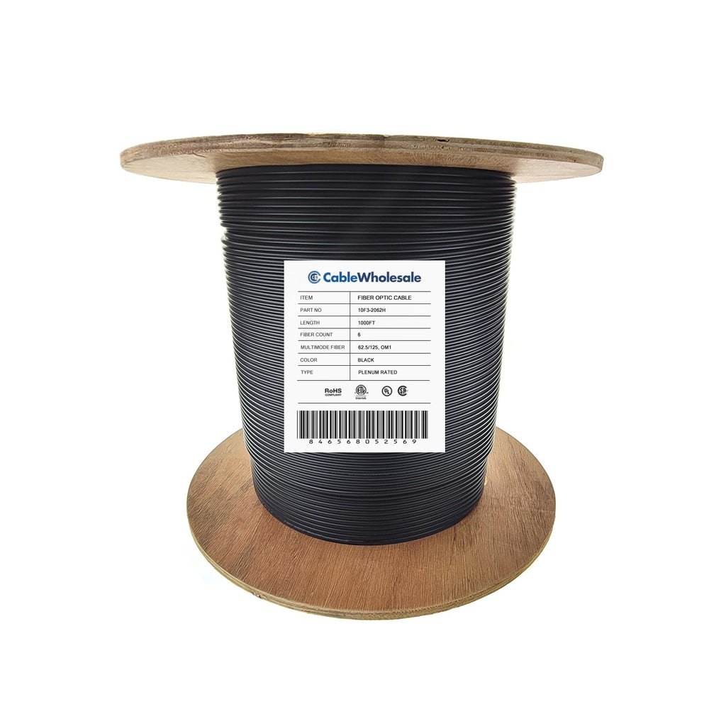 CableWholesale 6 Strand Fiber Optic Cable, Multimode, Black, 2000ft Spool