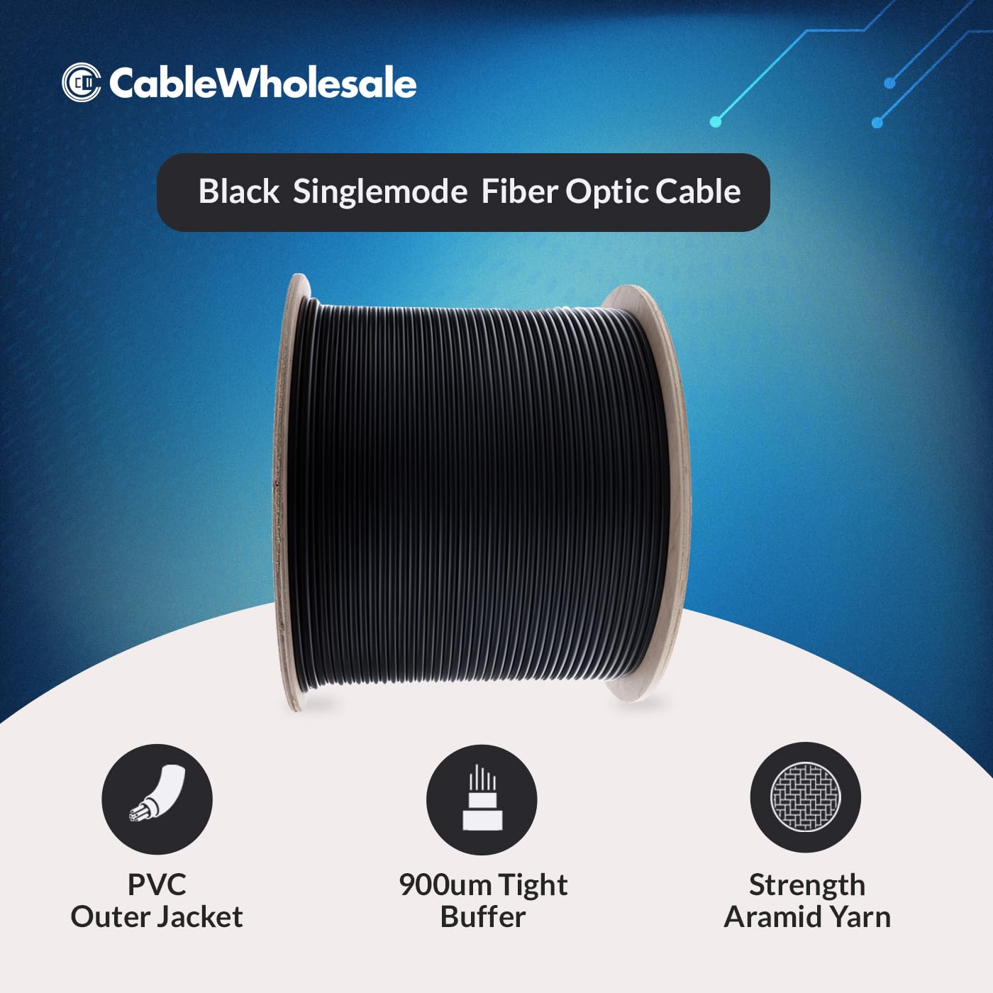 CableWholesale Black Indoor/Outdoor Plenum Singlemode Fiber Optic Cable, 48-Strand Fiber OS2 9/125, Corning SMF-28 Ultra, 500ft