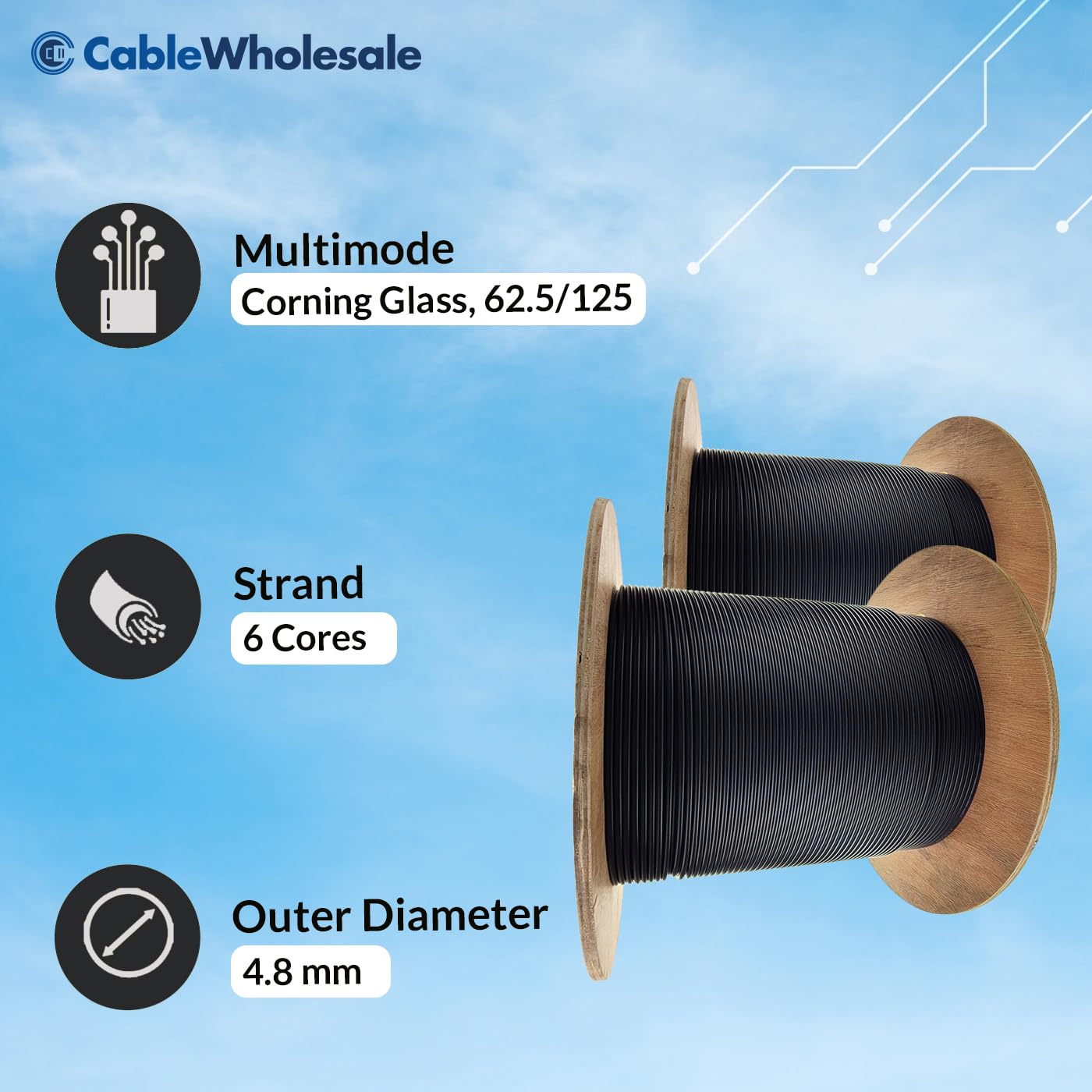 CableWholesale 6 Strand Fiber Optic Cable, Multimode, Black, 2000ft Spool