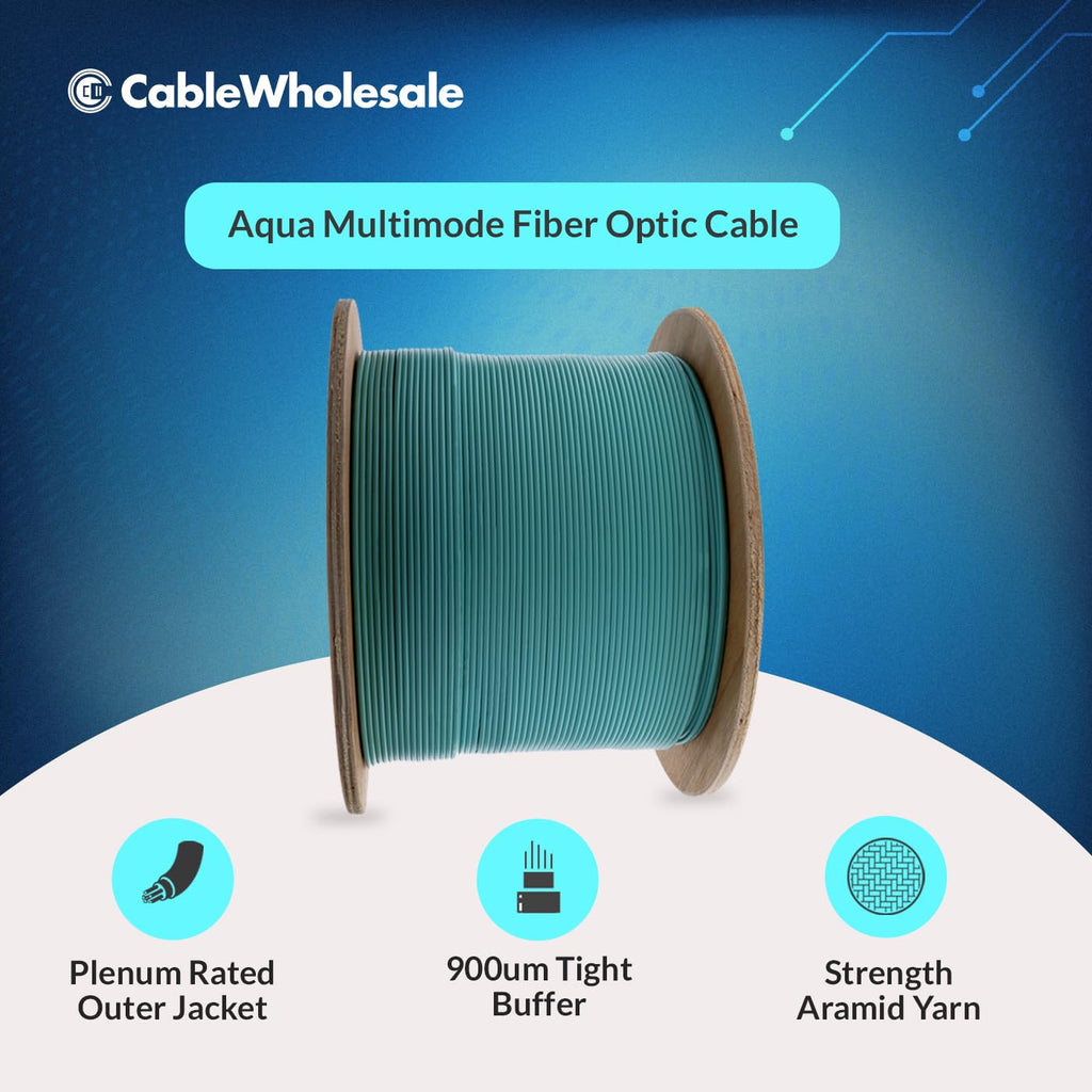 CableWholesale 6 Strand Fiber Optic Cable, Multimode, Aqua, 500ft Spool