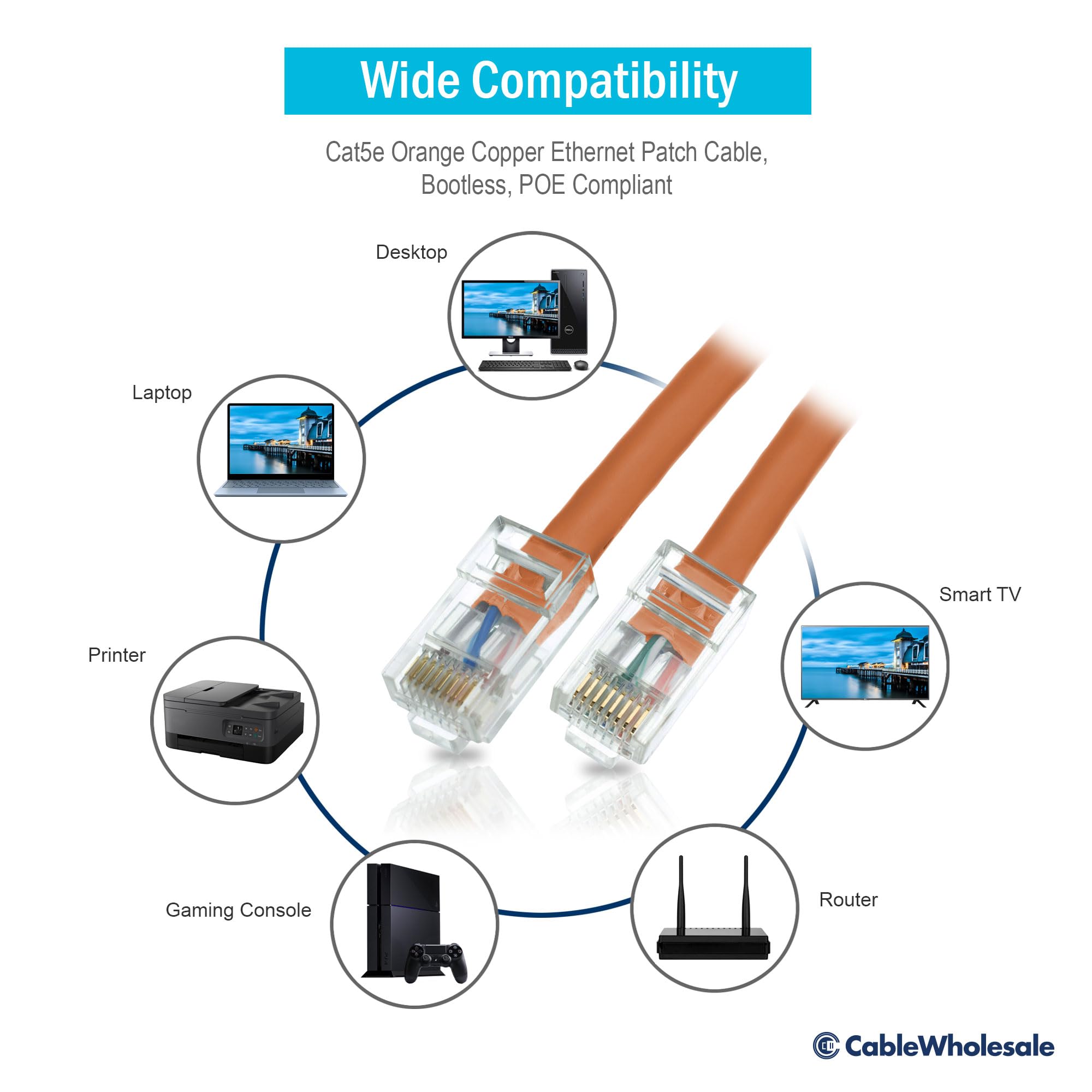 CableWholesale Cat5e Ethernet Cable, 24AWG Network Cable with RJ45 Gold Plated Connector, 4 Pair Stranded Bare Copper, Bootless Unshielded Twisted Pair (UTP) Internet Patch Cable, 25 Foot, Orange