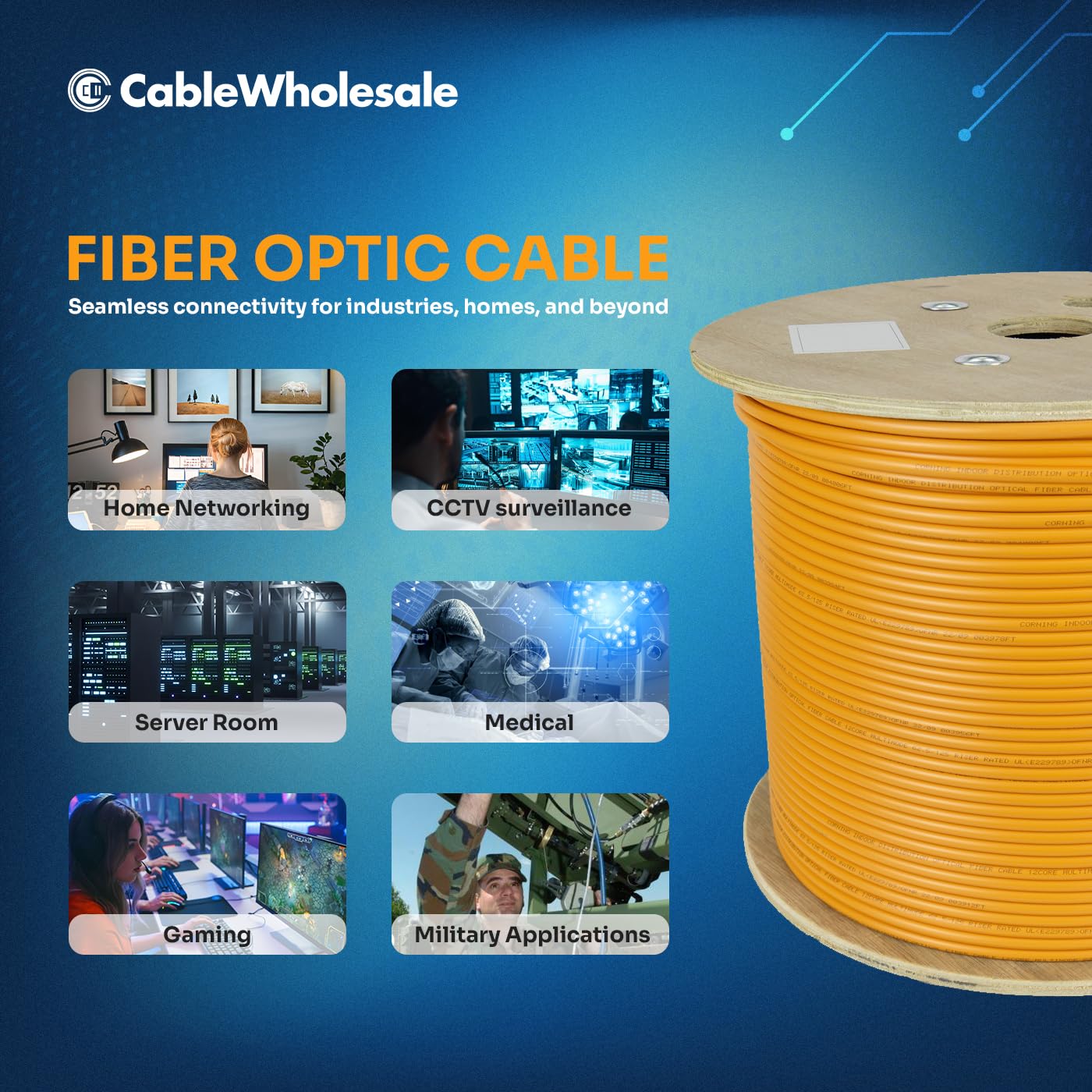 CableWholesale 12 Strand Fiber Optic Cable, Multimode, Orange, 1000ft Spool