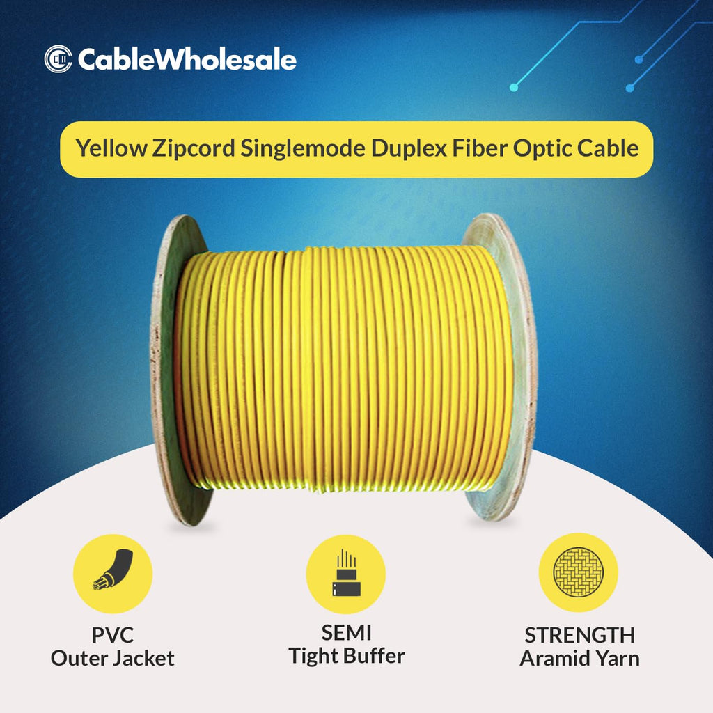 CableWholesale 2-Strand Fiber Optic Cable, Singlemode, Yellow, 1000ft Spool