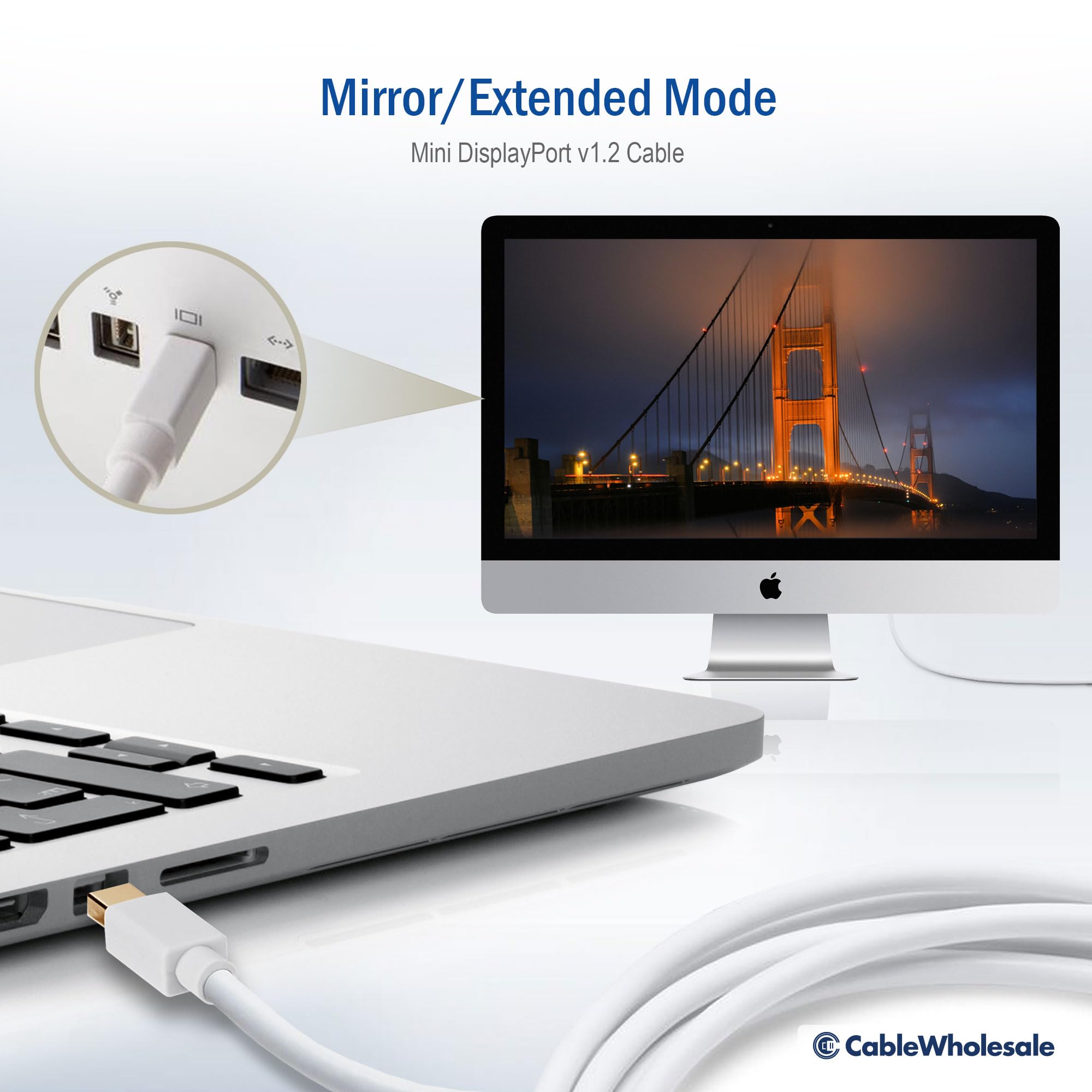 Cablewholesale Mini DisplayPort to Mini DisplayPort 4K@60Hz Cable, v1.2, 32 AWG, Gold-Plated, White, 6 Feet, 10H1-66106