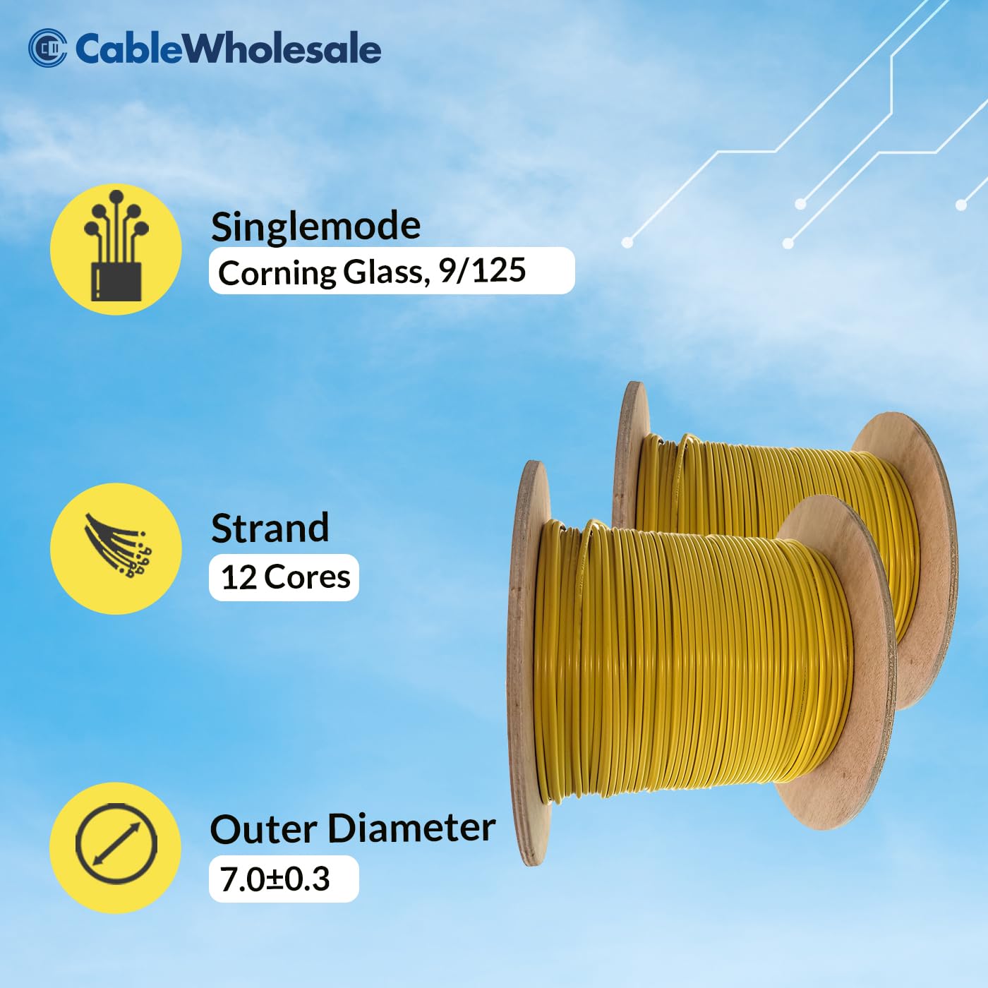 CableWholesale 12-Strand Fiber Optic Cable, Singlemode, Yellow, 500ft Spool