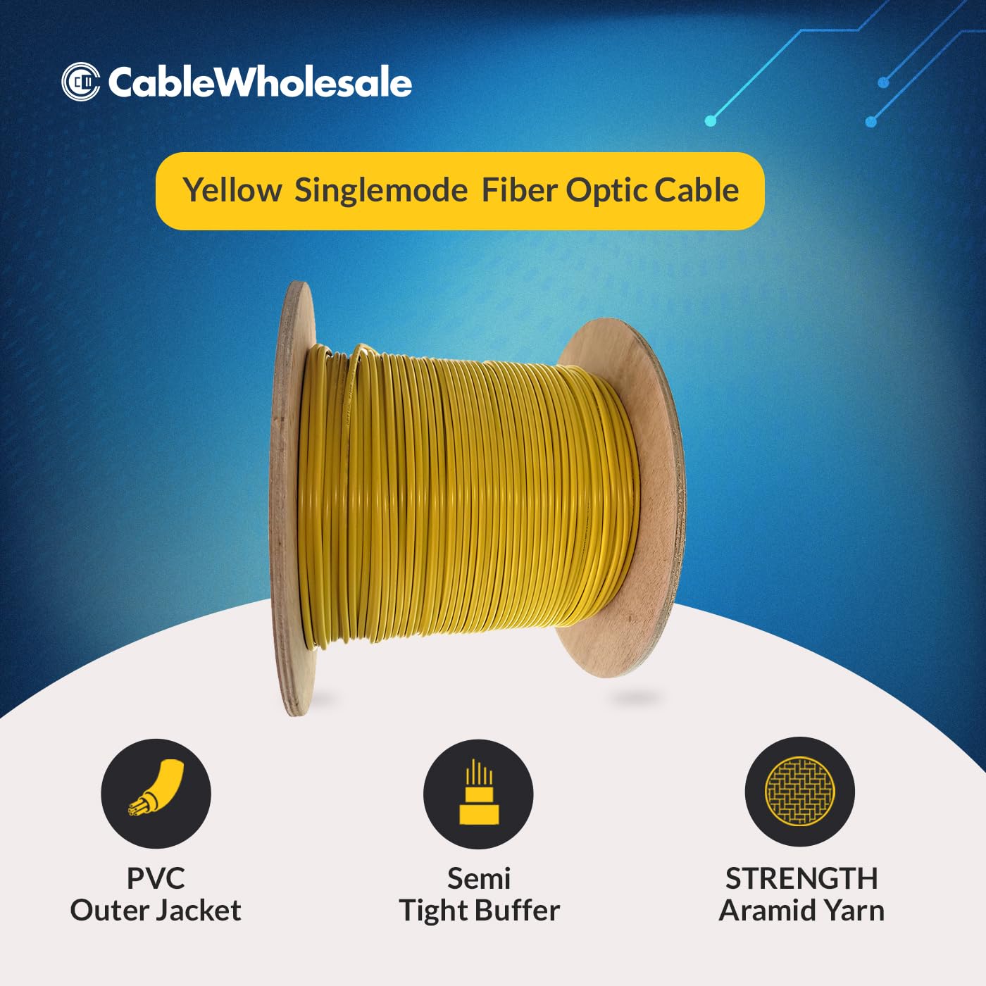 CableWholesale 2-Strand Fiber Optic Cable, Singlemode, Yellow, 2000ft Spool
