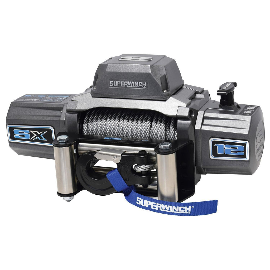 Superwinch 1712200 SX12 12V DC Electric Waterproof Recovery Winch 12,000lb/5,443kg Single Line Pull with Roller Fairlead 3/8in x 85ft Steel Wire Rope Corded Handheld Remote No-Bind Clutch