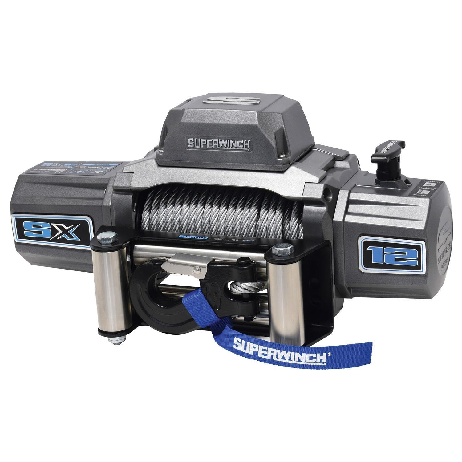 Superwinch 1712200 SX12 12V DC Electric Waterproof Recovery Winch 12,000lb/5,443kg Single Line Pull with Roller Fairlead 3/8in x 85ft Steel Wire Rope Corded Handheld Remote No-Bind Clutch
