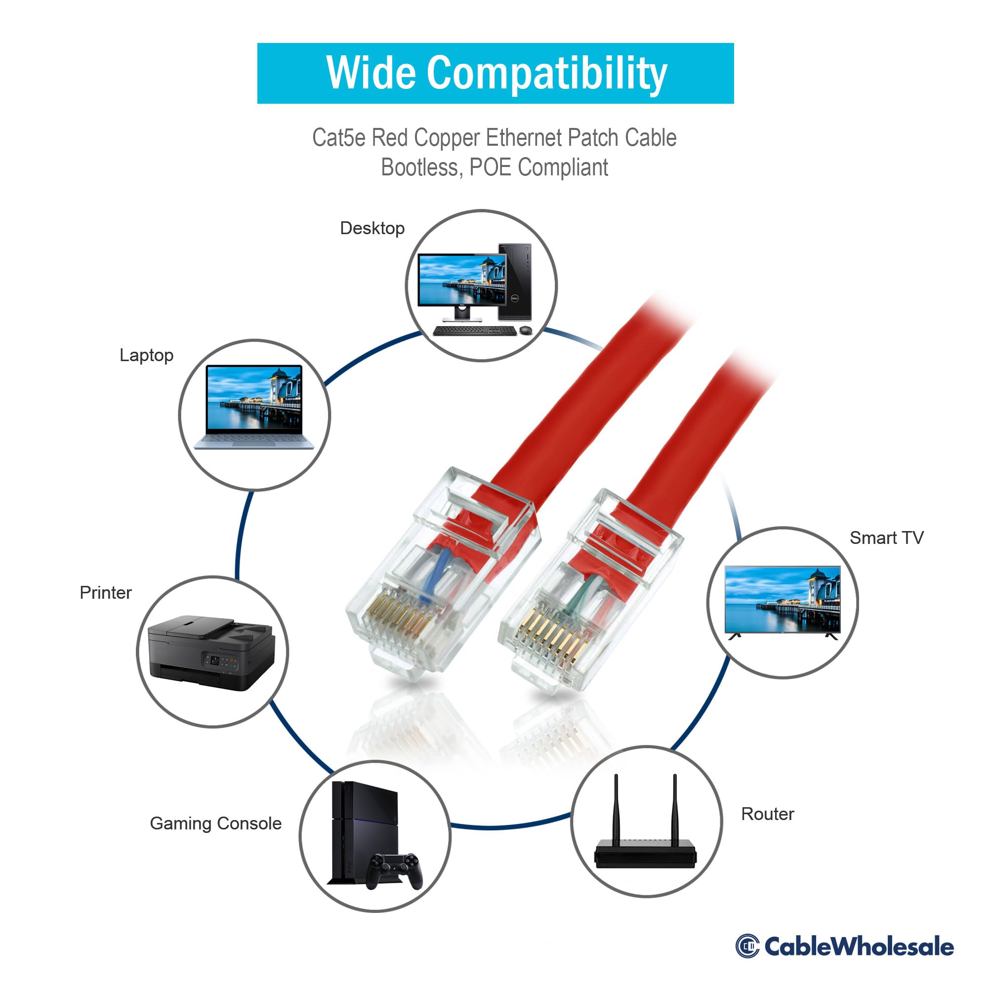 CableWholesale Cat5e Ethernet Cable, 24AWG Network Cable with RJ45 Gold Plated Connector, 4 Pair Stranded Bare Copper, Bootless Unshielded Twisted Pair (UTP) Internet Patch Cable, 1 Foot, Red