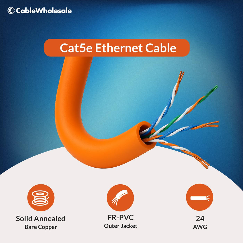 CableWholesale 1000 Foot Bulk Cat5e Plenum Rated (CMP) Ethernet Cable, 4 Pair Solid Bare Copper, 24AWG UTP (Unshielded Twisted Pair) with PullBox, Orange
