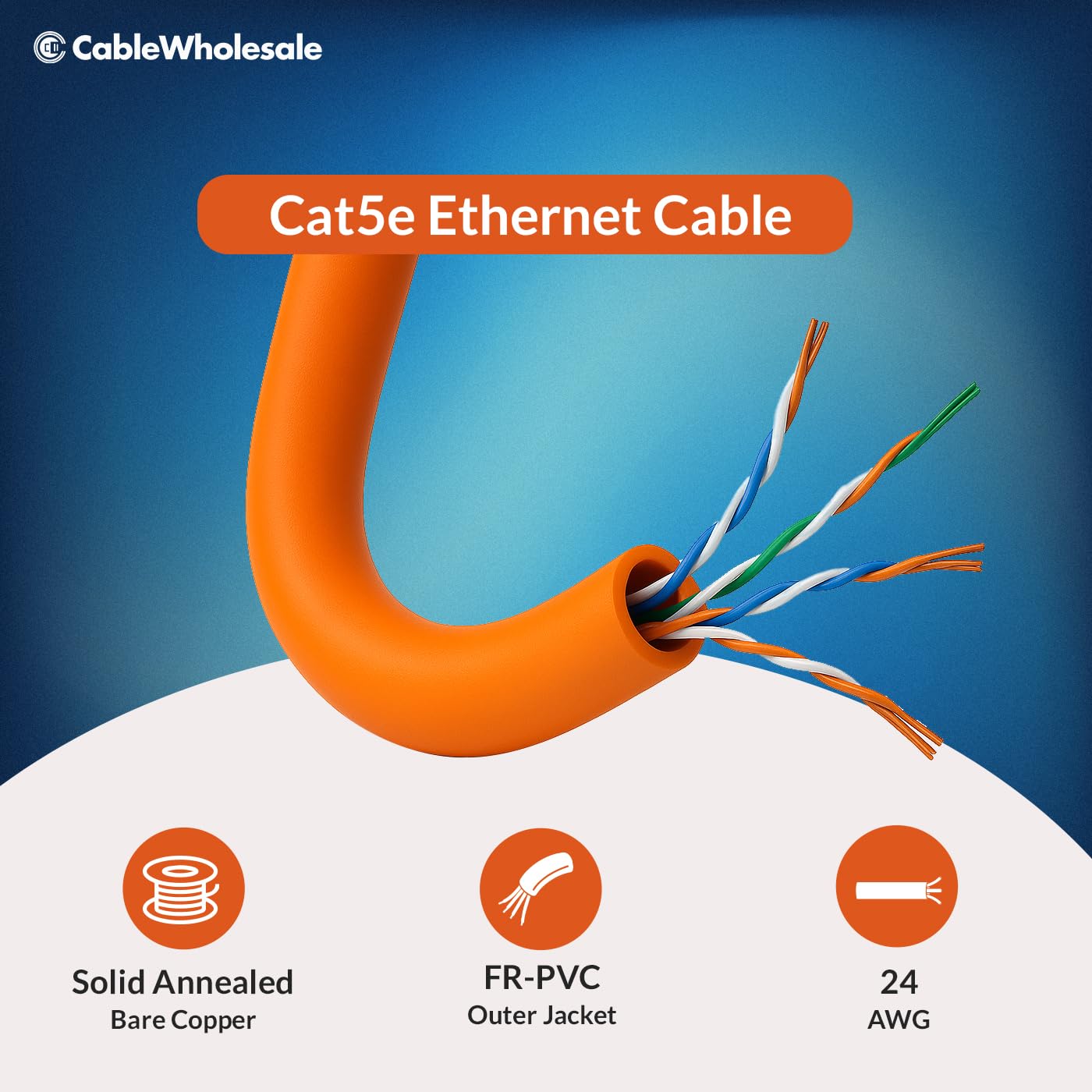 CableWholesale 1000 Foot Bulk Cat5e Plenum Rated (CMP) Ethernet Cable, 4 Pair Solid Bare Copper, 24AWG UTP (Unshielded Twisted Pair) with PullBox, Orange