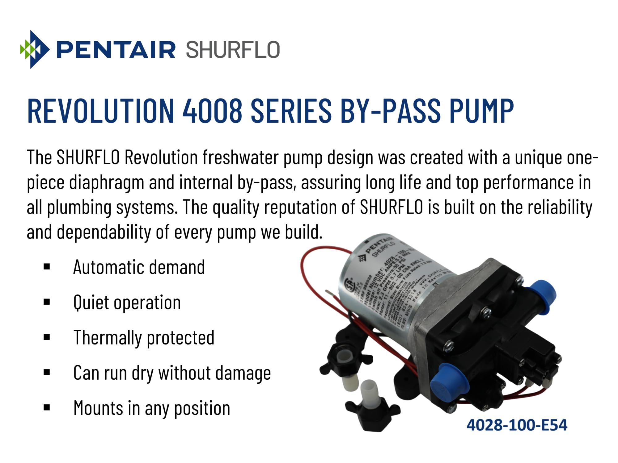 PENTAIR SHURFLO 4028-100-E54 Revolution Water Pump, 2.3 GPM Diaphragm Pump