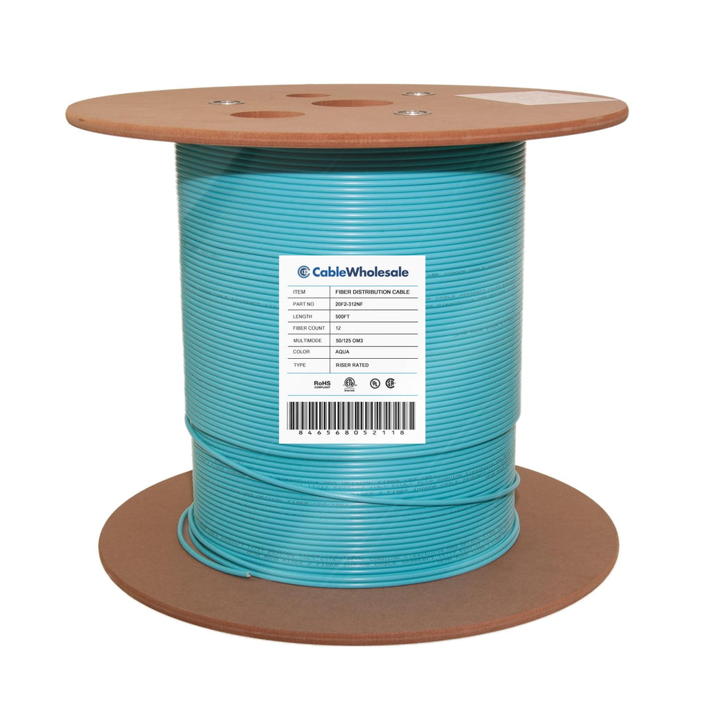 CableWholesale 12 Strand Fiber Optic Cable, Multimode, Aqua, 500ft Spool