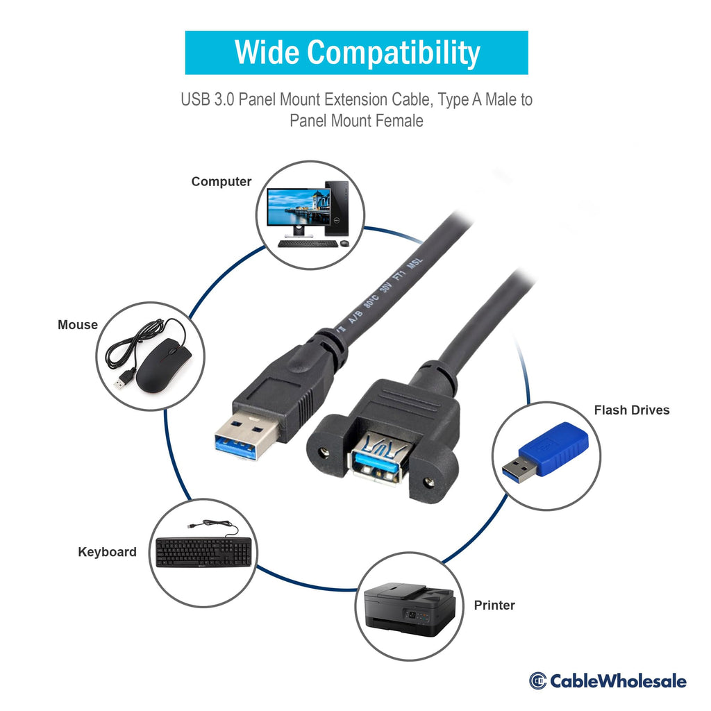 CableWholesale USB 3.0 Panel Mount Extension Cable 28/24 AWG - Type A Male to Female, High-Speed Data Transfer, Black, 3 Feet
