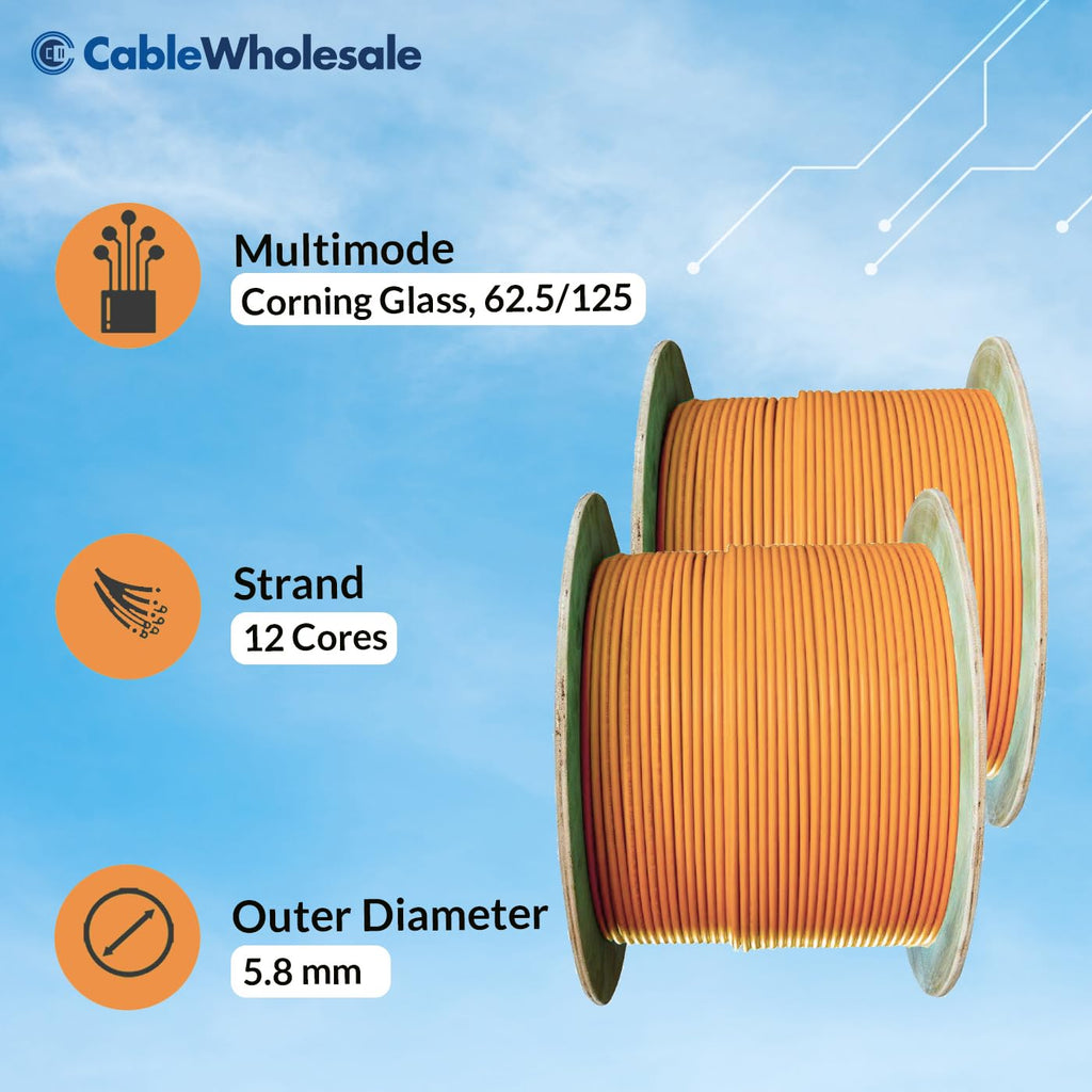 CableWholesale 12 Strand Fiber Optic Cable, Multimode, Orange, 1000ft Spool