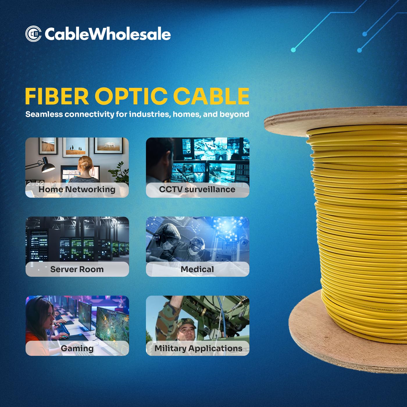 CableWholesale Plenum 2-Strand Fiber Optic Cable, OS2 9/125 Singlemode, Corning, Indoor Distribution, Yellow Spool, 2000ft