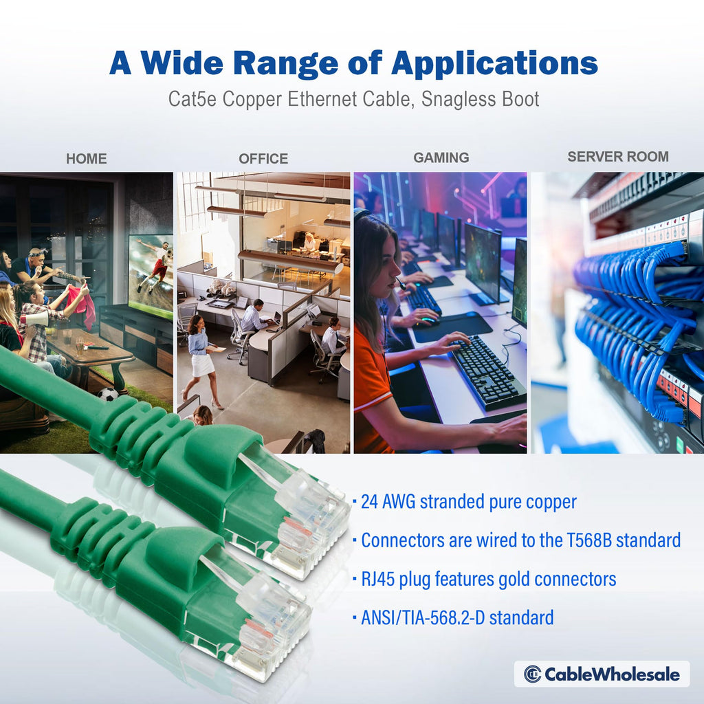 CableWholesale Cat5e Ethernet Cable, 24AWG, RJ45 Gold Plate Connector, ETL, 4 Pair Stranded Copper, Snagless Boot Unshielded Twisted Pair (UTP) Internet Network Patch Cable, 6 Inches, Green