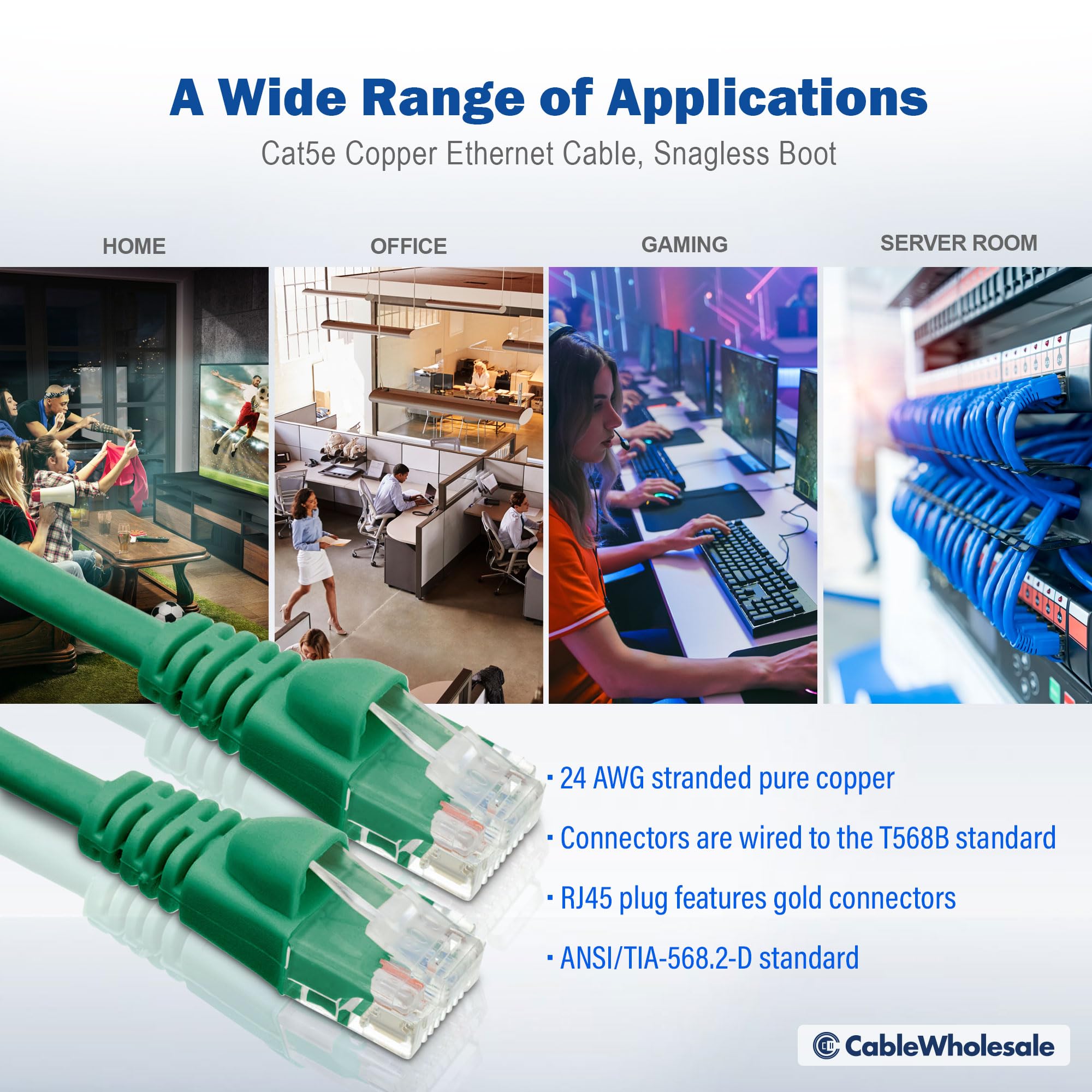CableWholesale Cat5e Ethernet Cable, 24AWG, RJ45 Gold Plate Connector, ETL, 4 Pair Stranded Copper, Snagless Boot Unshielded Twisted Pair (UTP) Internet Network Patch Cable, 6 Inches, Green