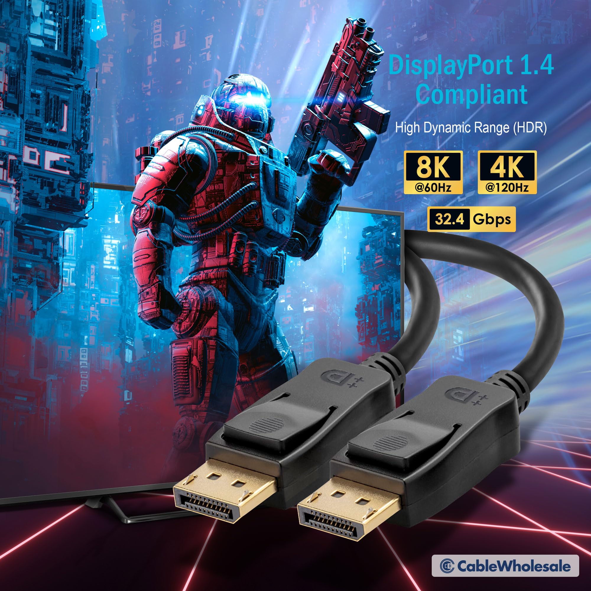 VESA Certified DisplayPort 1.4 Video Cable Male to Male - 32.4 Gbit/s, 8K@60Hz/4K@120Hz, HDR, DSC, Gold-Plated Connectors, 10 Feet