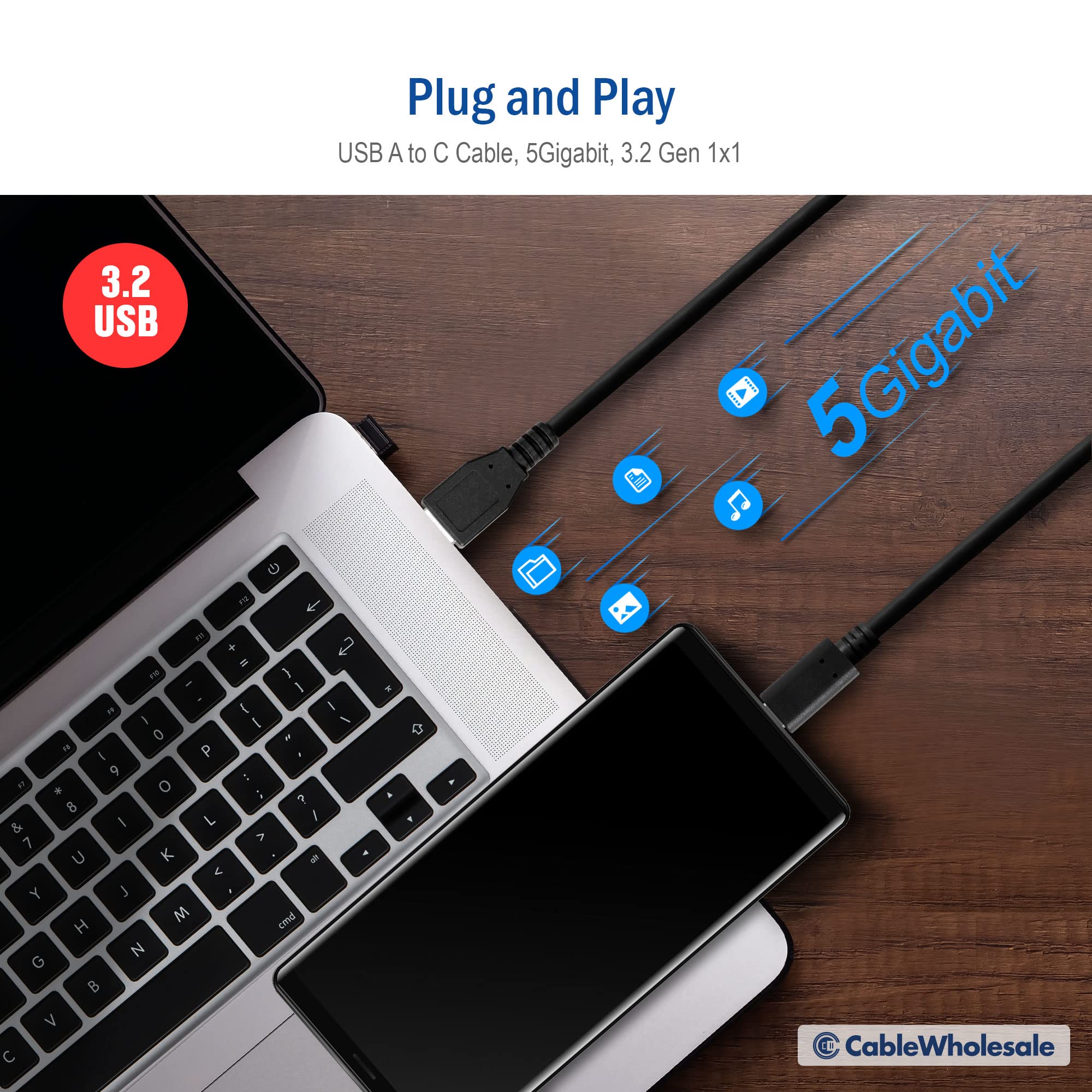 CableWholesale USB 3 Gen Type A to Type C Cable - 5Gbps Data Transfer, Reversible Connector, 1 Feet