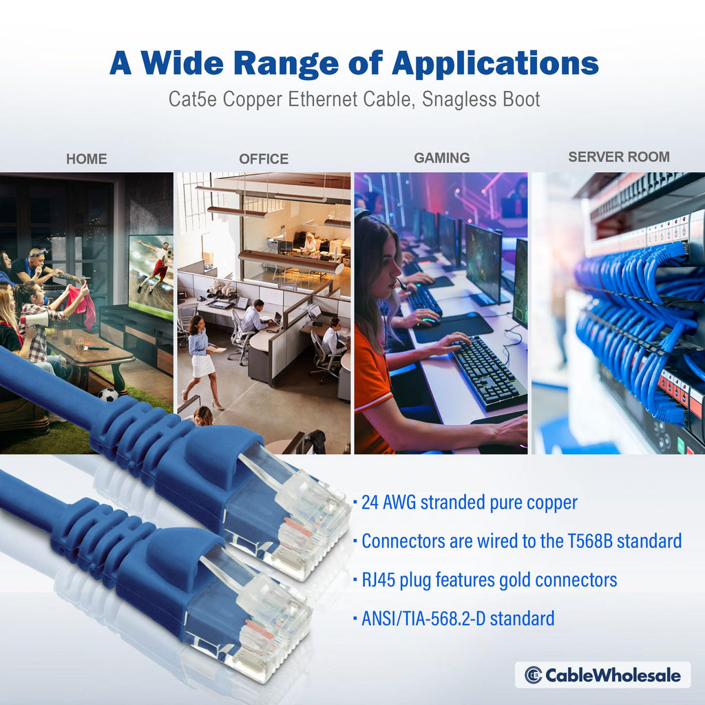 CableWholesale Cat5e Ethernet Cable, 24AWG, RJ45 Gold Plate Connector, ETL, 4 Pair Stranded Copper, Snagless Boot Unshielded Twisted Pair (UTP) Internet Network Patch Cable, 4 Foot, Blue