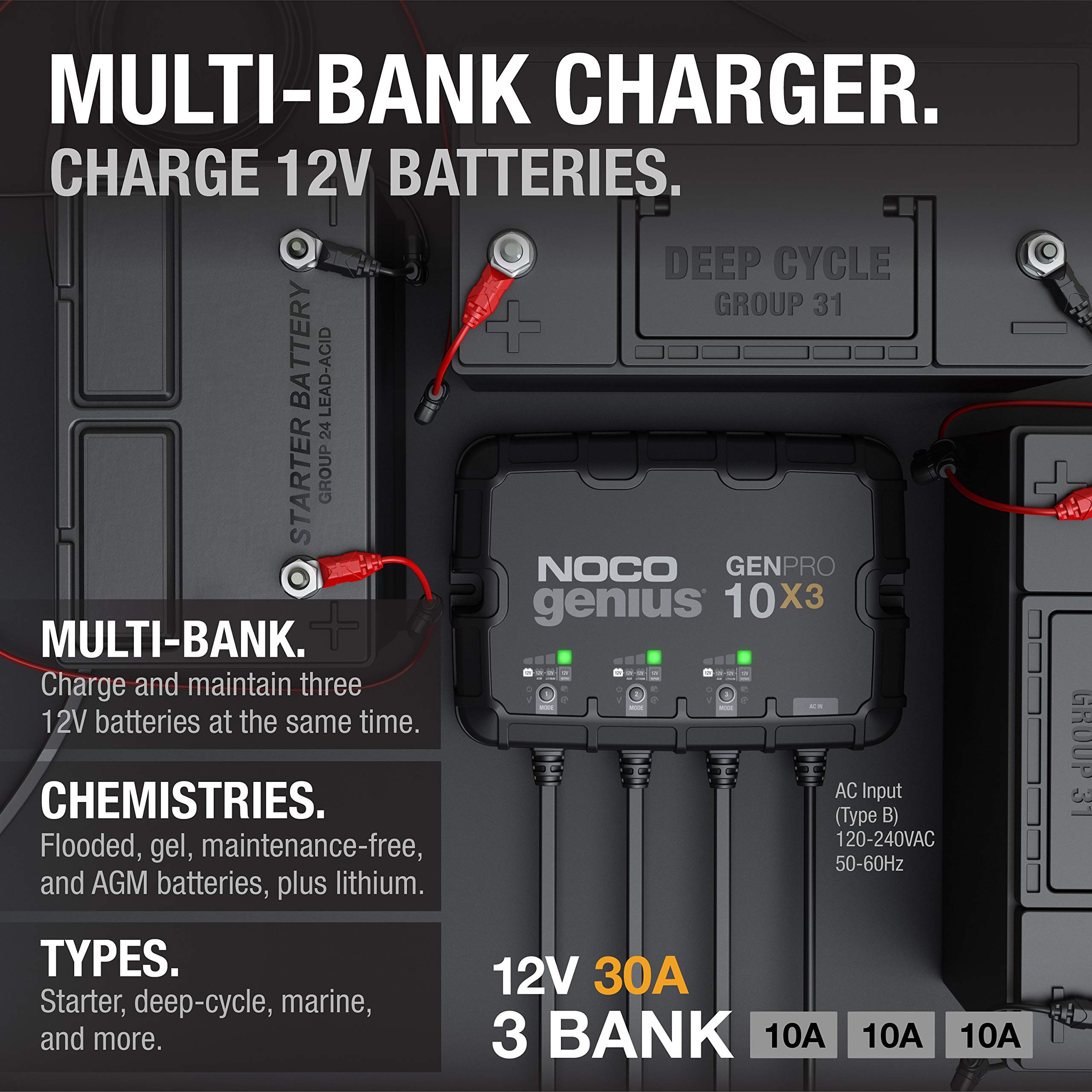 NOCO GENPRO10X3 12V 30A 3-Bank OnBoard Marine Battery Charger & Maintainer