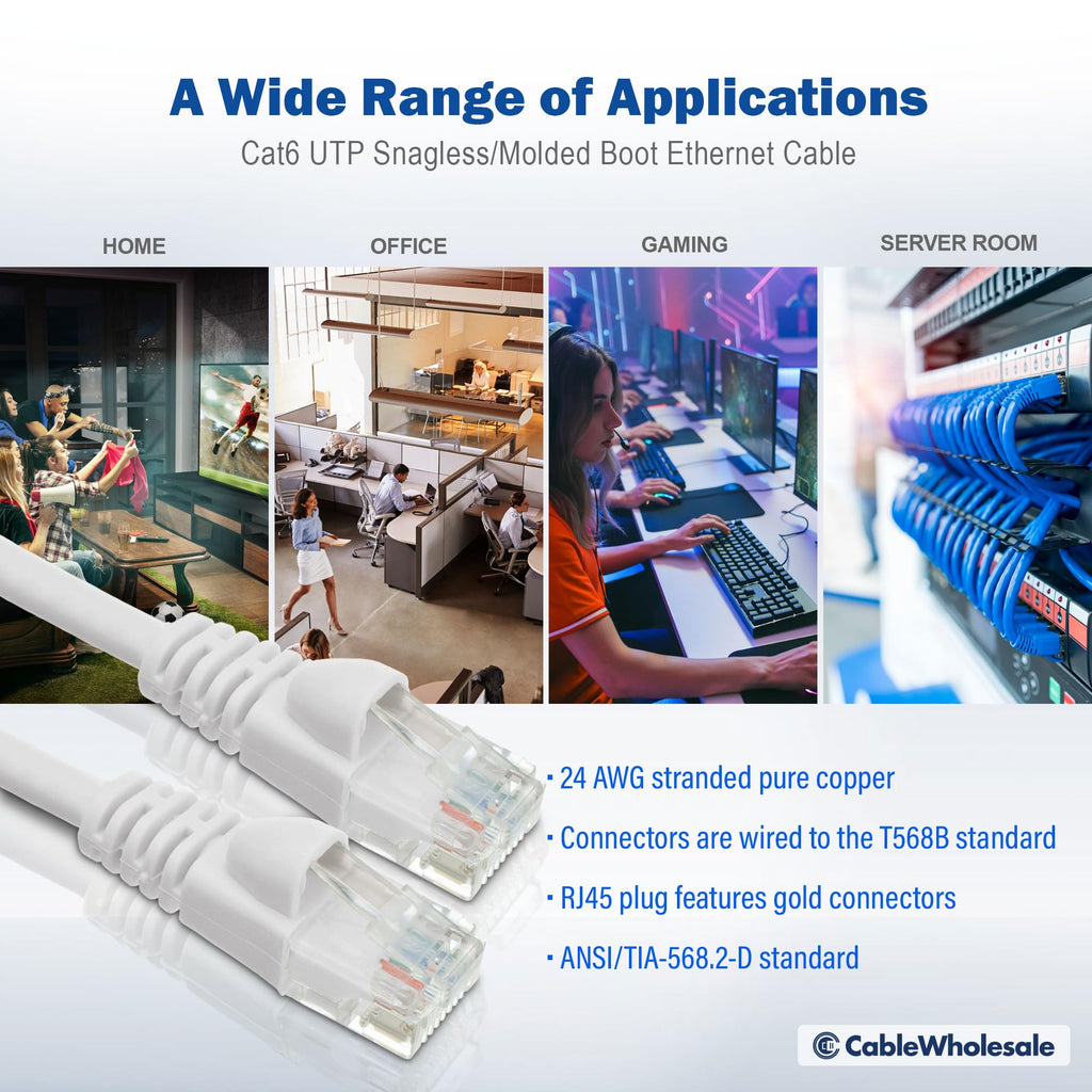 CableWholesale Cat6 Ethernet Cable, 24AWG, RJ45 Gold Plate Connector, 4 Pair Stranded Copper, Snagless Boot Unshielded Twisted Pair (UTP) Internet Network Patch Cable, 150 Foot, White