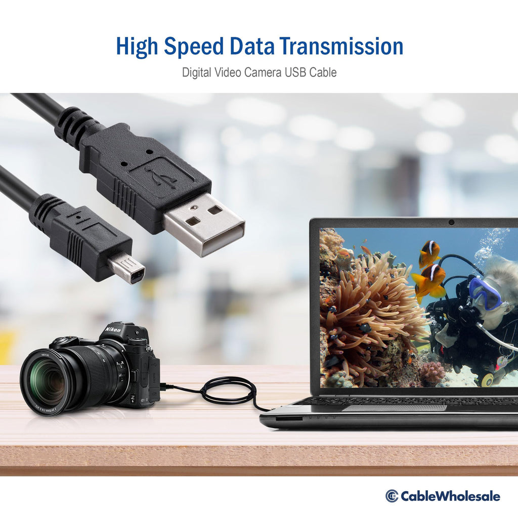 CableWholesale Black USB Type A Male to 4 Pin Mini-B Male Cable, 6 Feet - USB 2.0 Cable for Devices with Mini 4 Pin USB