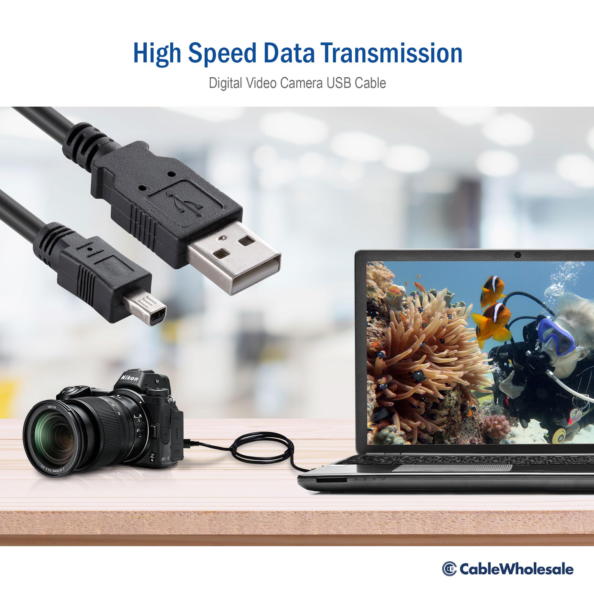 CableWholesale Black USB Type A Male to 4 Pin Mini-B Male Cable, 6 Feet - USB 2.0 Cable for Devices with Mini 4 Pin USB