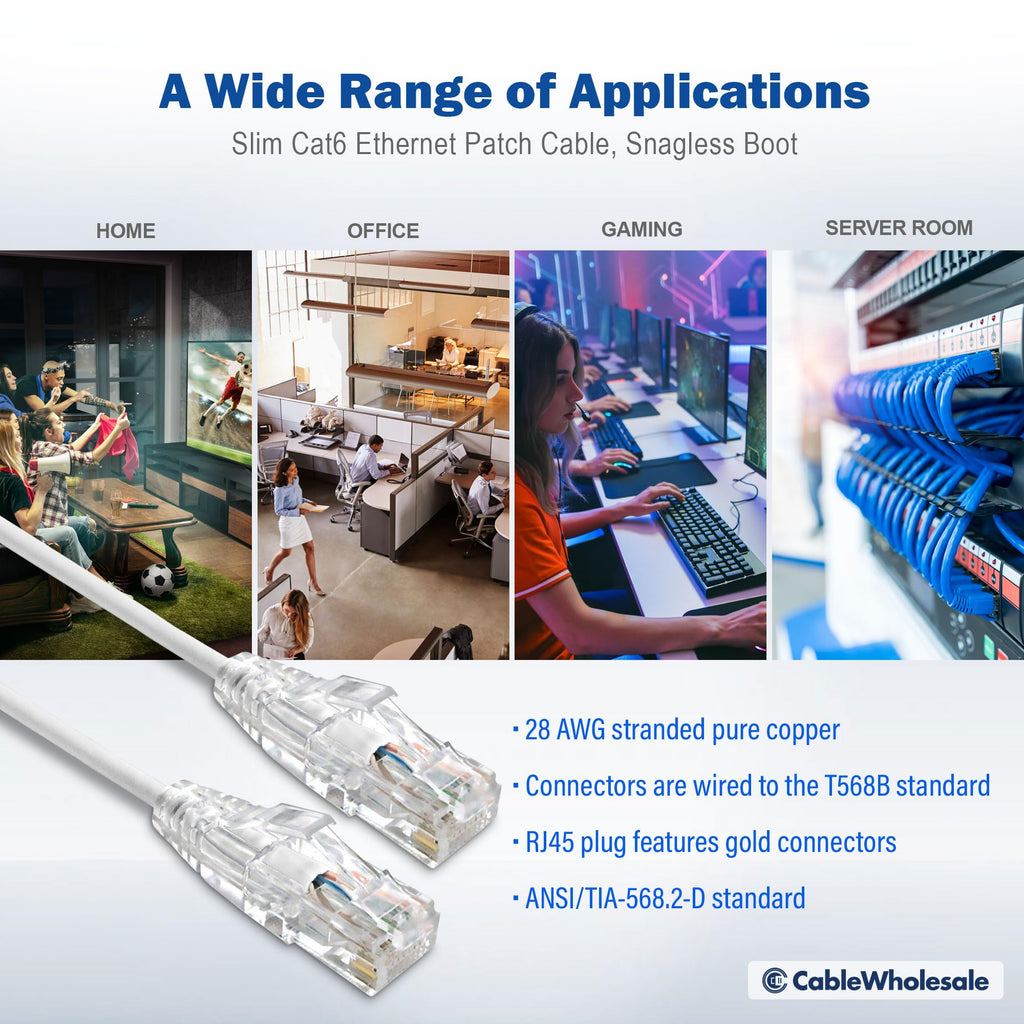 Cat6 Slim Ethernet Patch Cable, 28AWG, ETL Approved, RJ45 Gold Plate Connector Snagless/Boot Unshielded Twisted Pair (UTP), Internet Network Patch Cable, White, 6 inch, Cable Wholesale