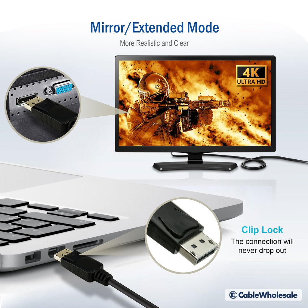 DisplayPort v1.2 Video Cable, 17.28 Gbit/s Data Rate for up to 4k@75Hz, DisplayPort Male, 10 Foot