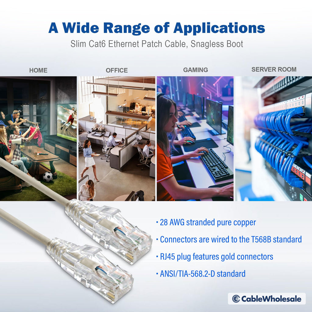 Cat6 Slim Ethernet Patch Cable, 28AWG, ETL Approved, RJ45 Gold Plate Connector Snagless/Boot Unshielded Twisted Pair (UTP), Internet Network Patch Cable, Gray, 2 Foot, Cable Wholesale