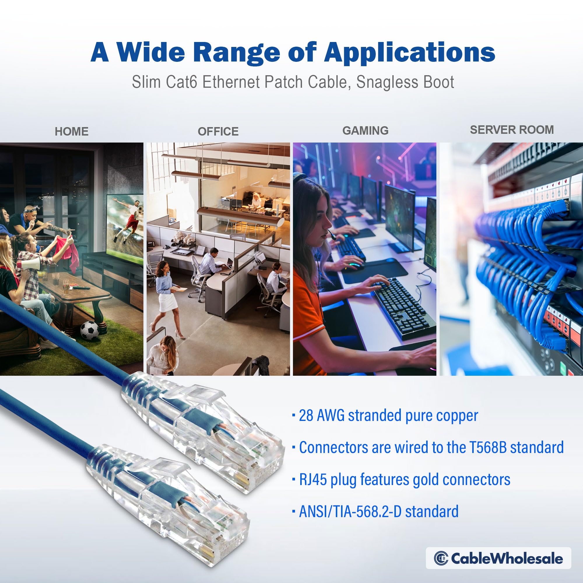 CableWholesale Cat6 Slim Ethernet Patch Cable, 28AWG, ETL Approved, RJ45 Gold Plate Connector Snagless/Boot Unshielded Twisted Pair (UTP), Internet Network Patch Cable, Blue, 6 inch