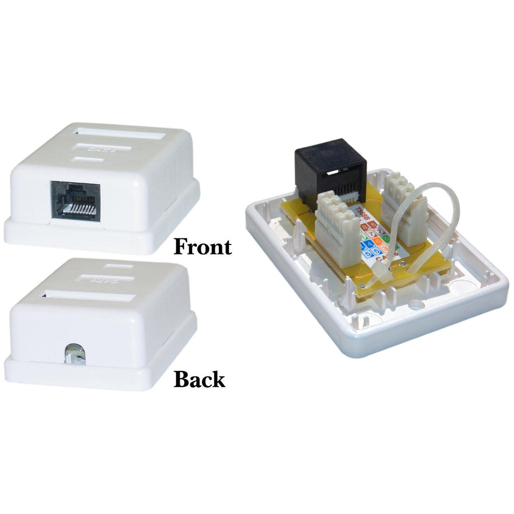 Cat6 1 Port Surface Mount Box, RJ45 Unshielded Female Port, White, Single Jack Surface Mount Box (with Cable Tie), CableWholesale