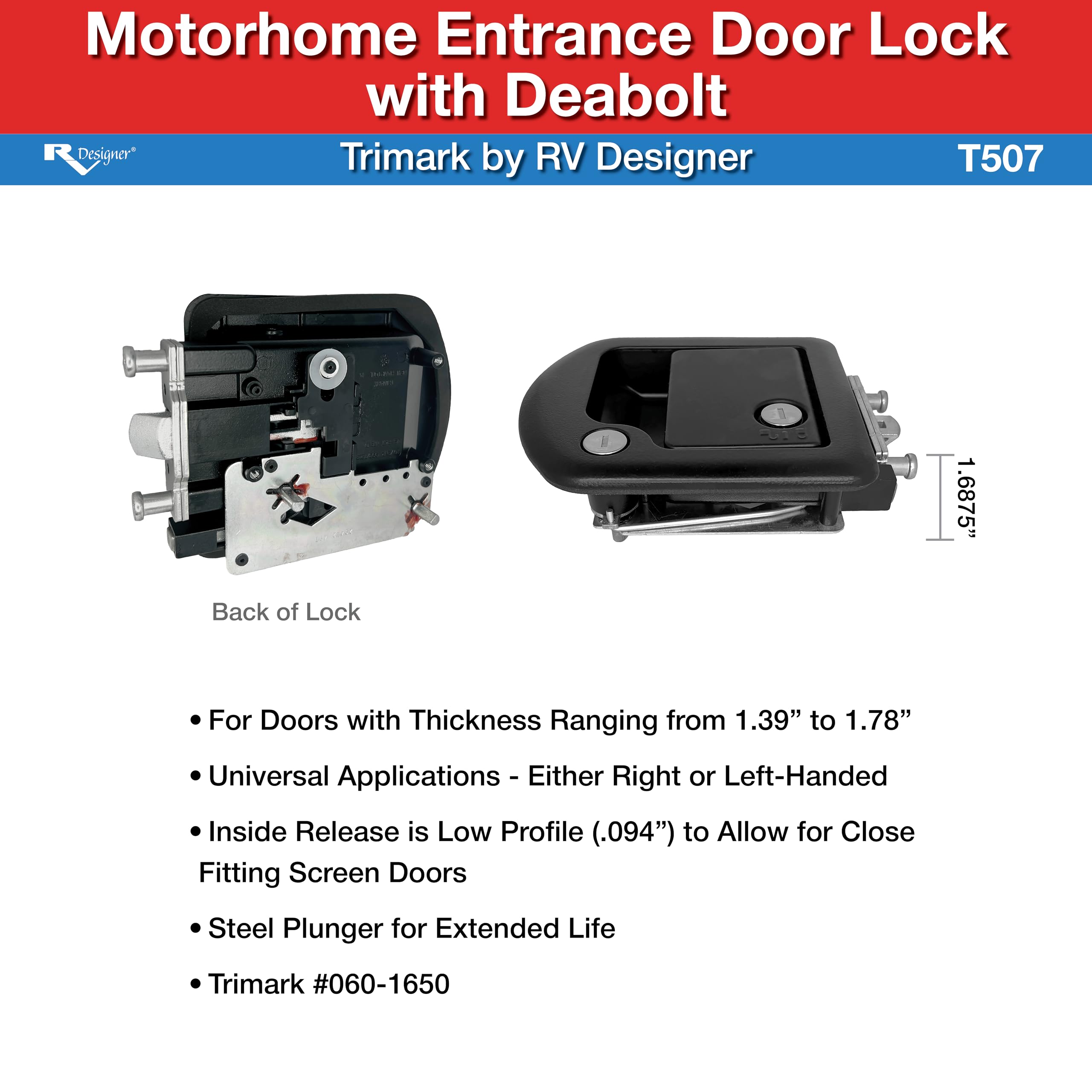 RV Designer T507 TriMark Motorhome Entrance Door Lock with Deadbolt - Fit for 1.38-1.58” RV Motorhome Doors - Right/Left-Hand Use - FMVSS 206 Compliant