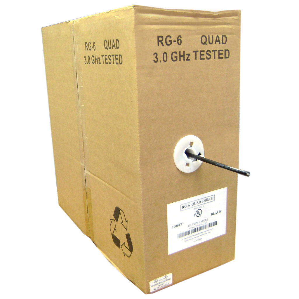CableWholesale RG6 Quad Shielded Coax Cable, Bulk RG6 Coaxial Cable, Black, 18 AWG, Solid Core, Pullbox, 1000 feet