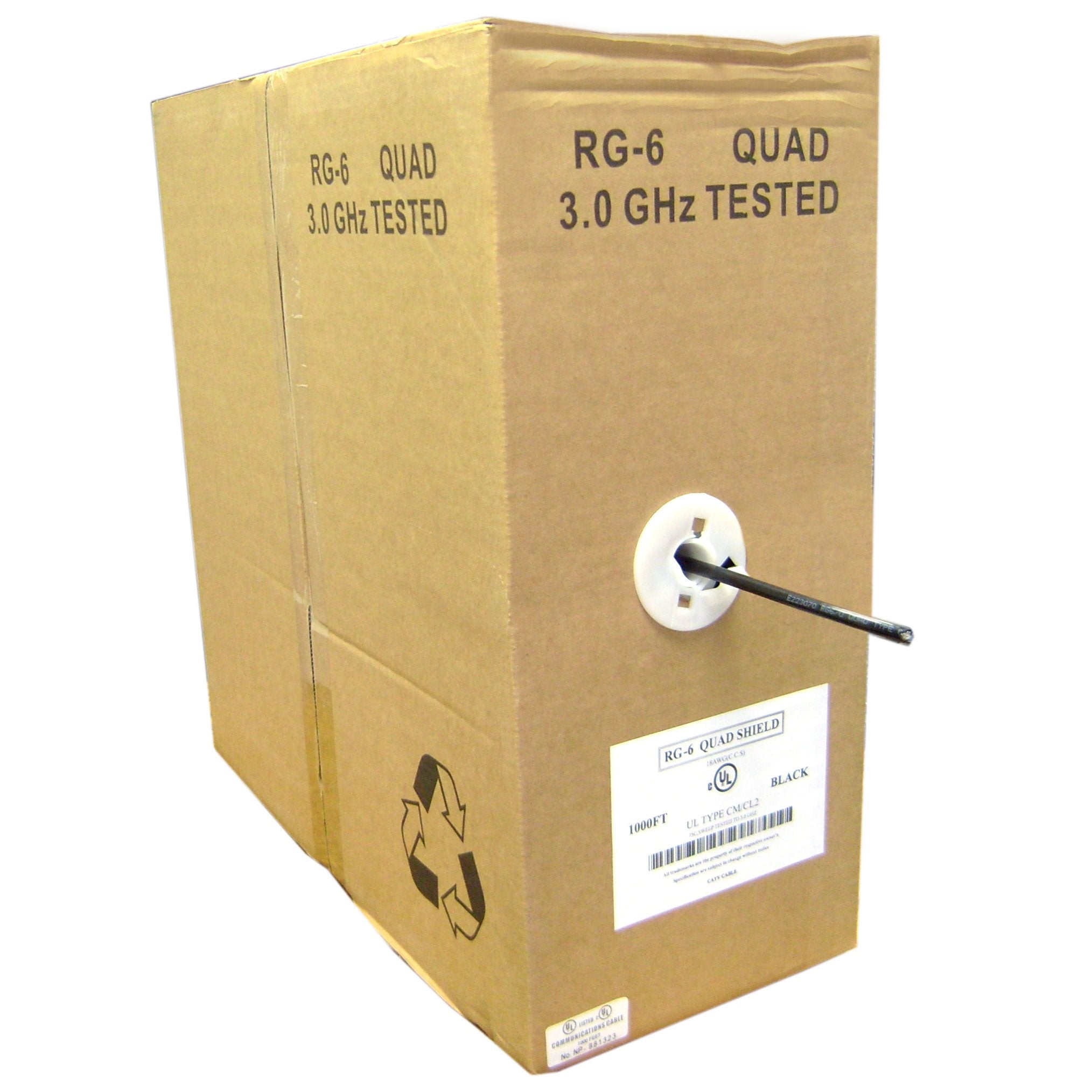 CableWholesale RG6 Quad Shielded Coax Cable, Bulk RG6 Coaxial Cable, Black, 18 AWG, Solid Core, Pullbox, 1000 feet