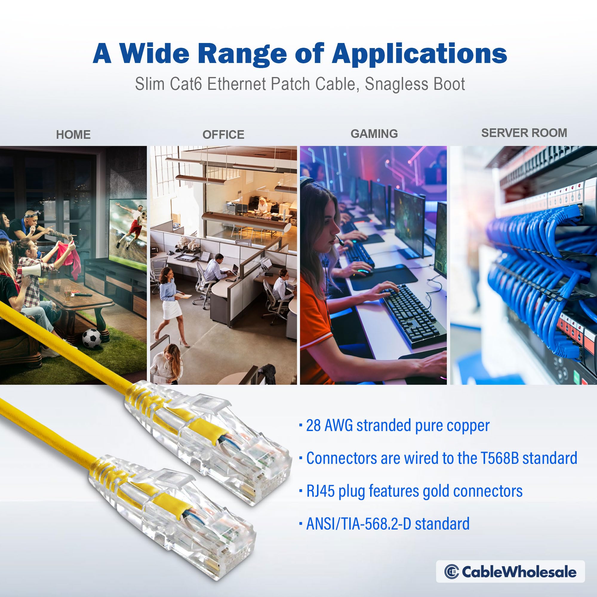 Cat6 Slim Ethernet Patch Cable, 28AWG, ETL Approved, RJ45 Gold Plate Connector Snagless/Boot Unshielded Twisted Pair (UTP), Internet Network Patch Cable, Yellow, 6 inch, Cable Wholesale