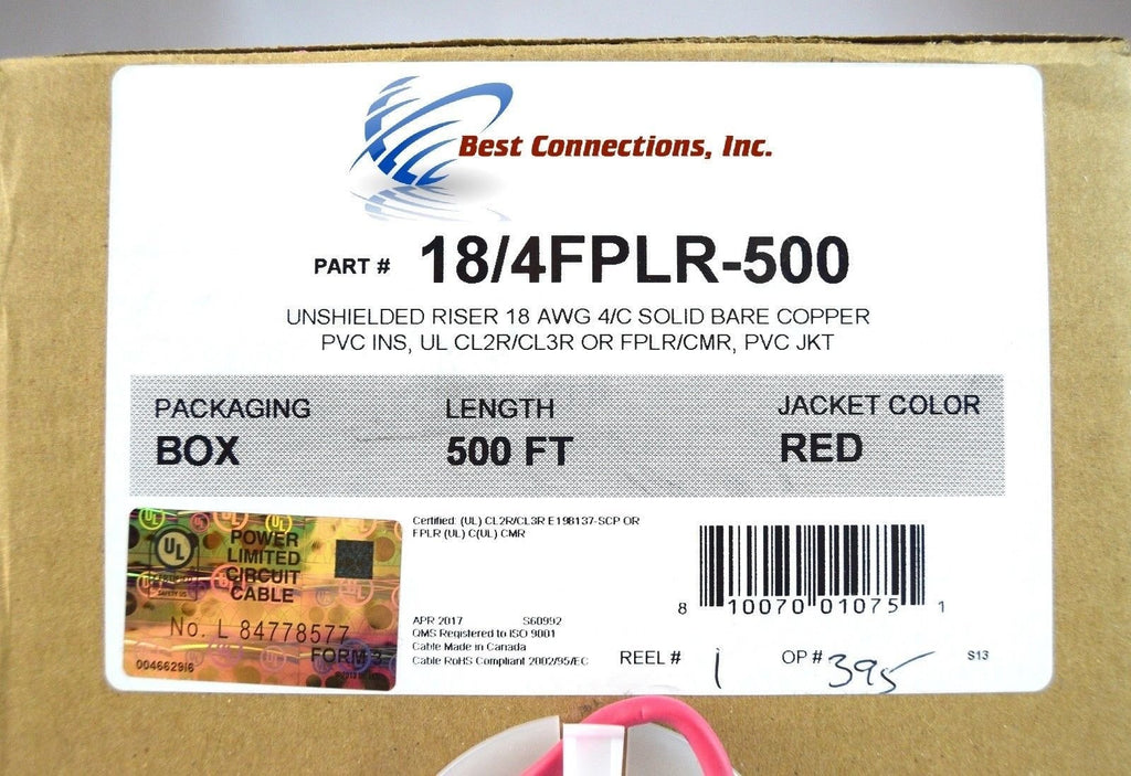 4C/18 AWG SOLID COPPER RED FIRE ALARM WIRE SECURITY CABLE FPLR PVC 500 FT