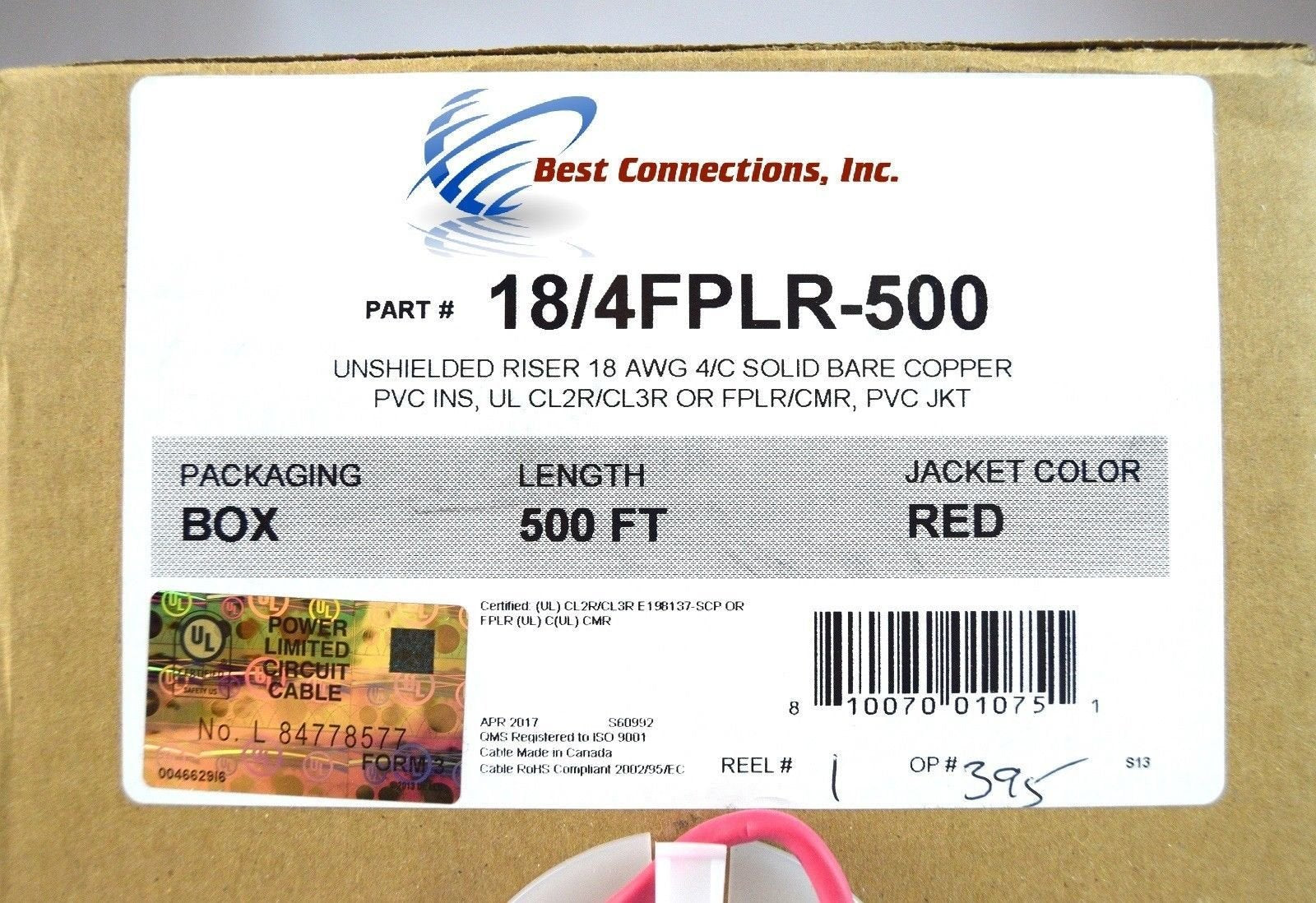 4C/18 AWG SOLID COPPER RED FIRE ALARM WIRE SECURITY CABLE FPLR PVC 500 FT