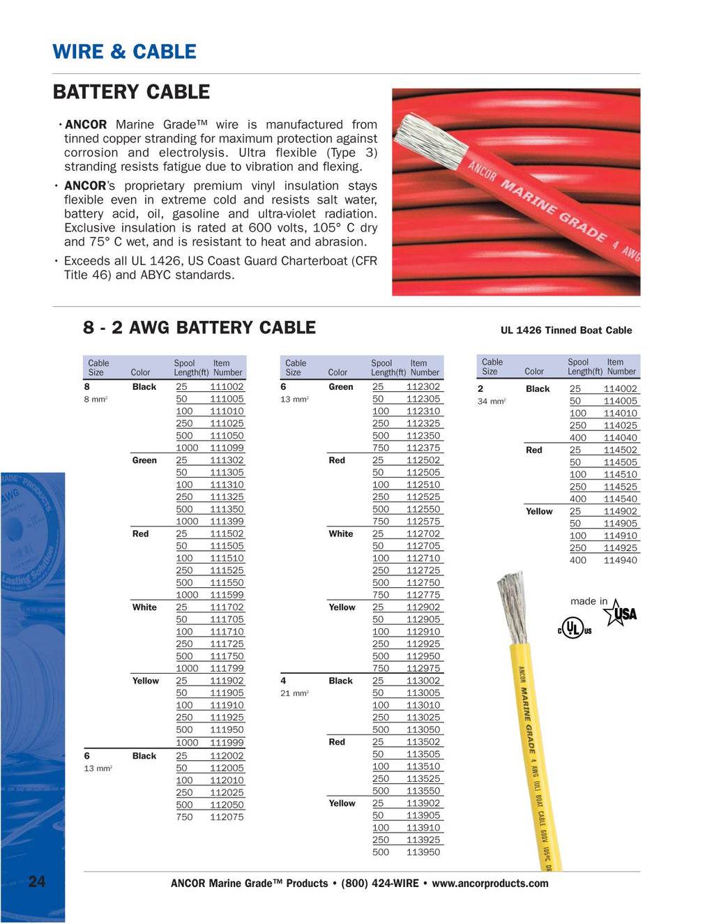 Ancor 118905 Tinned Copper Battery Cable, 3/0 AWG (81mm2), Yellow - 50ft