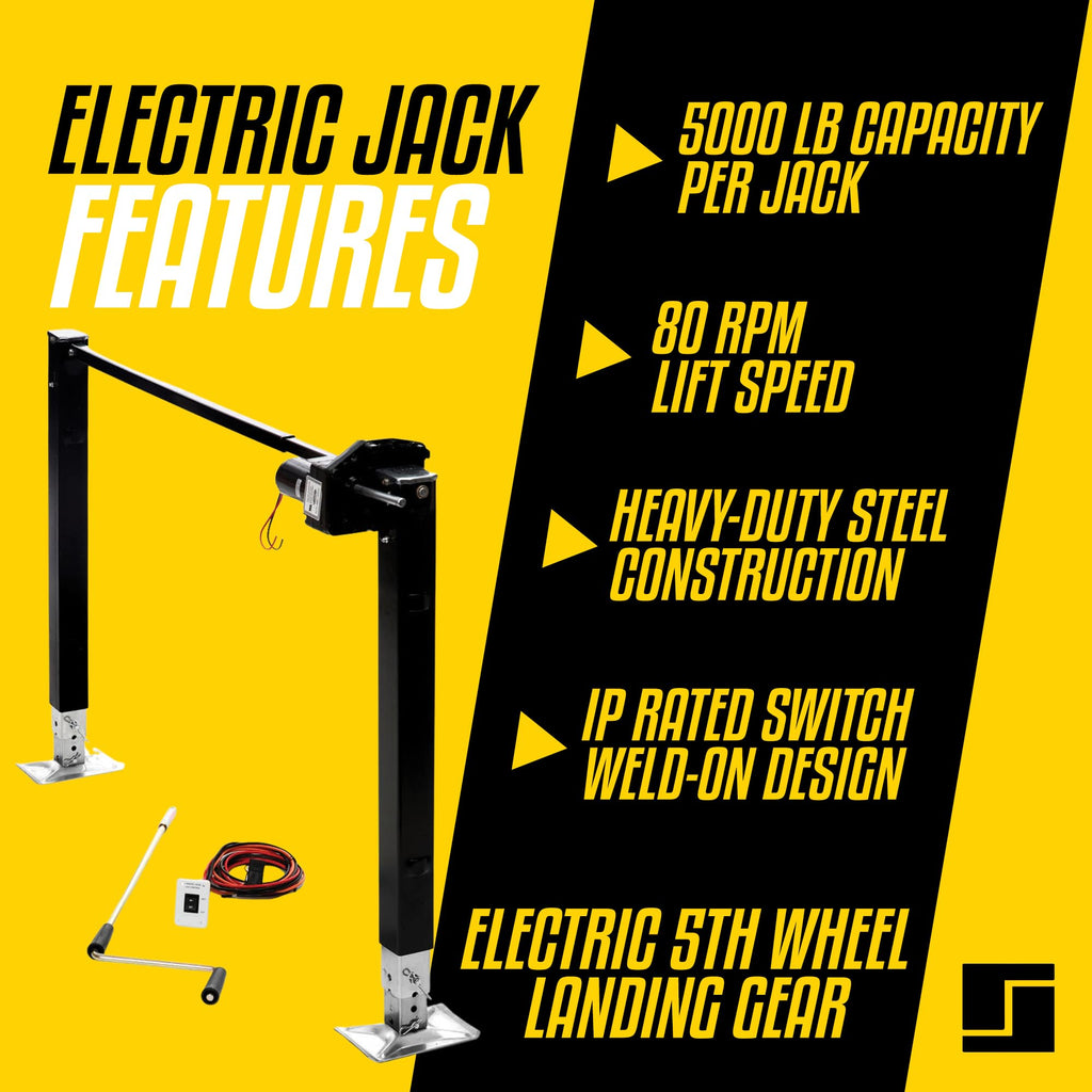 Stromberg Carlson Electric 5th Wheel Landing Gear with 5,000 lb Capacity, Weld-On Steel Construction, IP Rated Switch, Trailer Jack Stand, RV Jacks & Stabilizers - 80 RPM, 29.5” Legs, Black