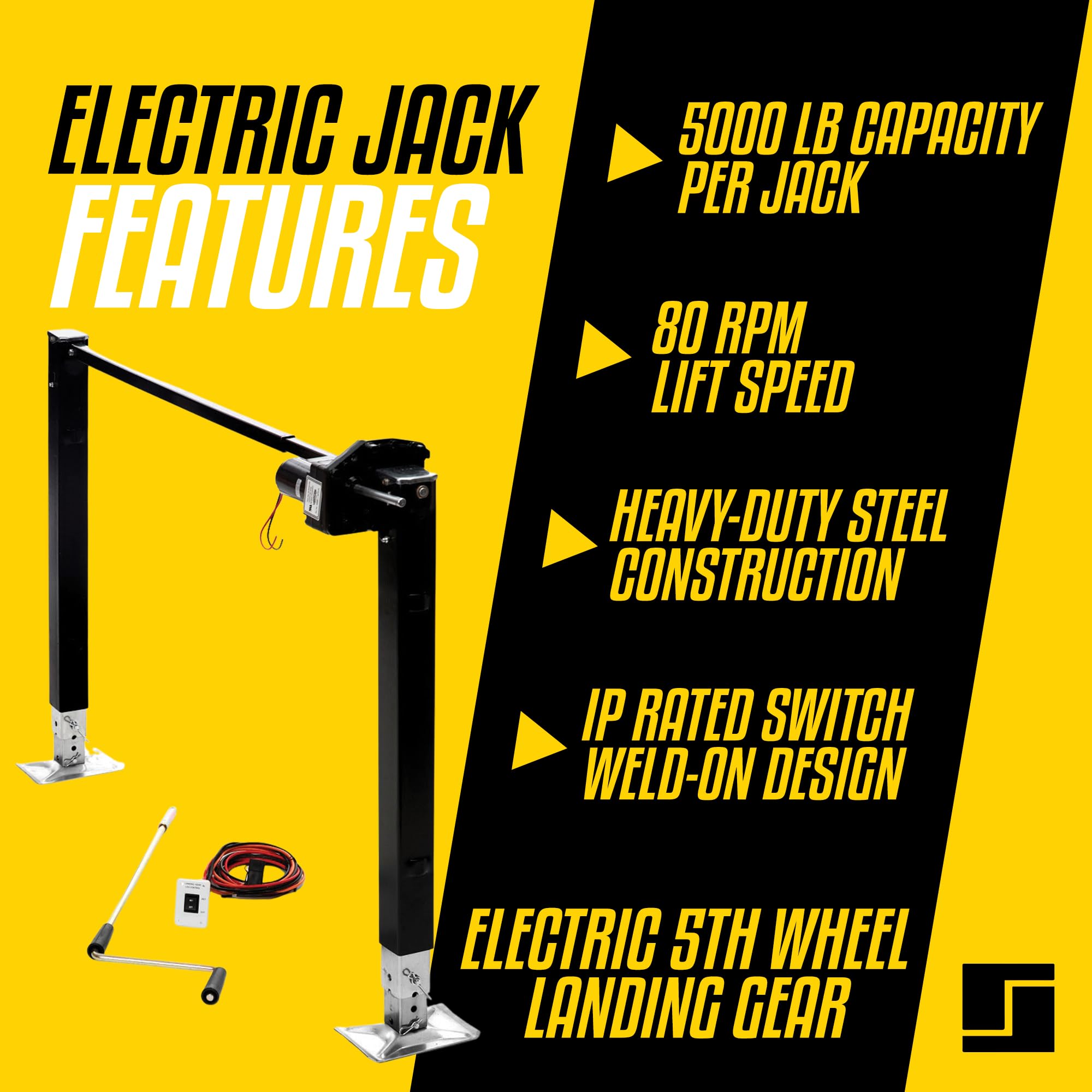 Stromberg Carlson Electric 5th Wheel Landing Gear with 5,000 lb Capacity, Weld-On Steel Construction, IP Rated Switch, Trailer Jack Stand, RV Jacks & Stabilizers - 80 RPM, 29.5” Legs, Black