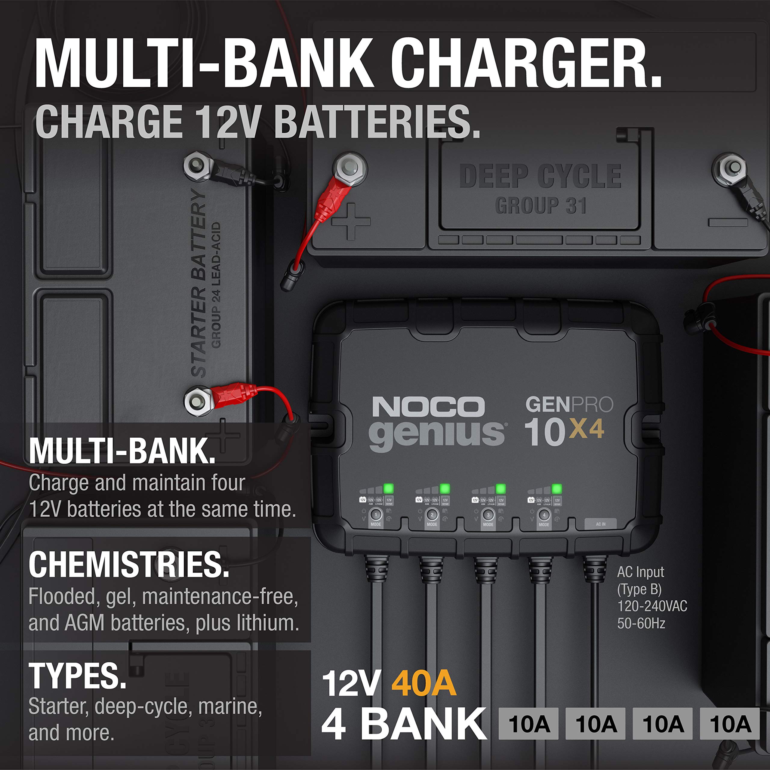 NOCO GENPRO10X4 12V 40A 4-Bank OnBoard Marine Battery Charger & Maintainer