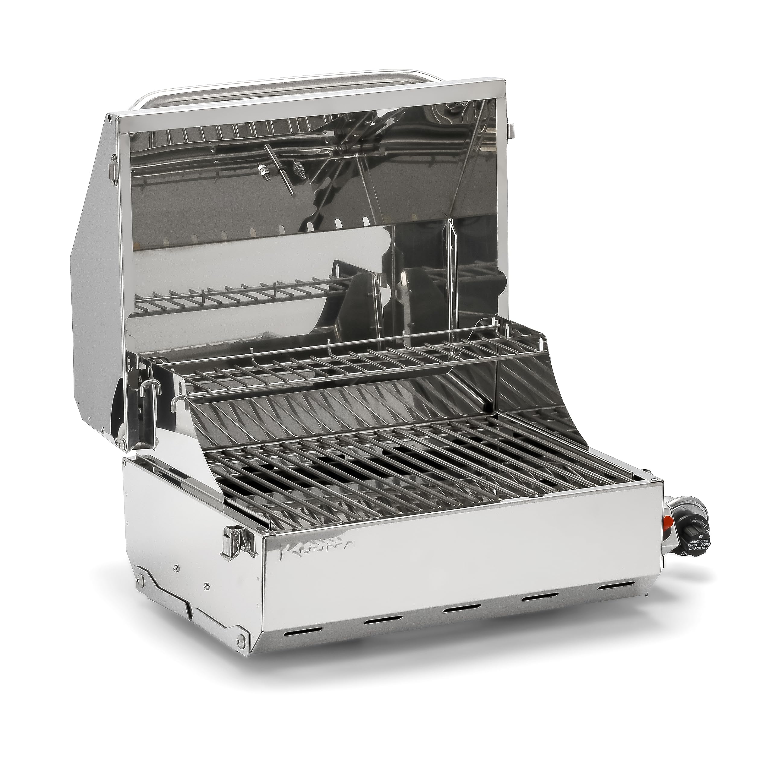 Camco Kuuma Stow N’Go 216 Elite Propane Grill | Features Built-In Thermometer & Push-Button Igniter | Includes Fold Away Legs & Removable Warming Rack | Use as Camping Stove and More (58155)